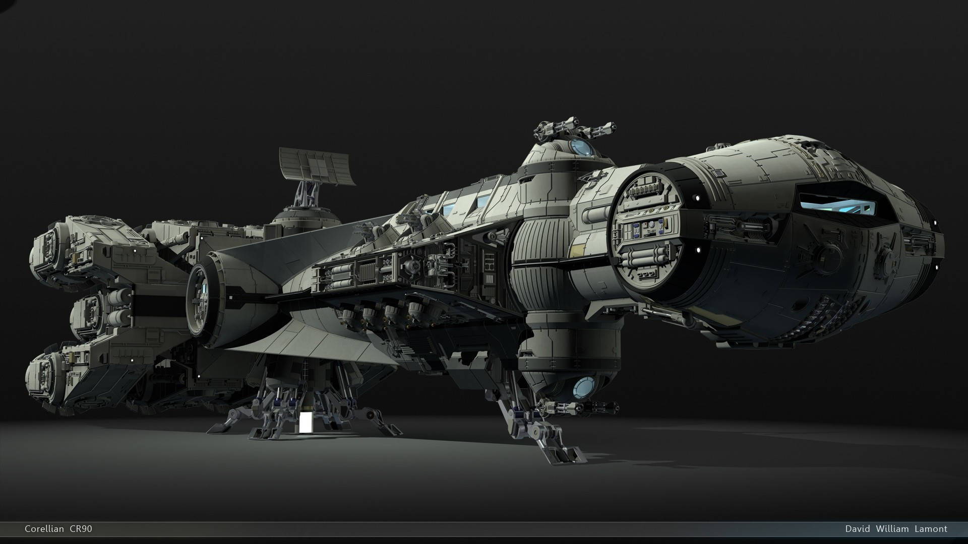 artwork 桌布 壁紙 — 一艘細節豐富的灰色Corellian CR90星艦，在深色工作室背景上以著陸支柱站立，帶有微妙的藍色駕駛艙燈光。