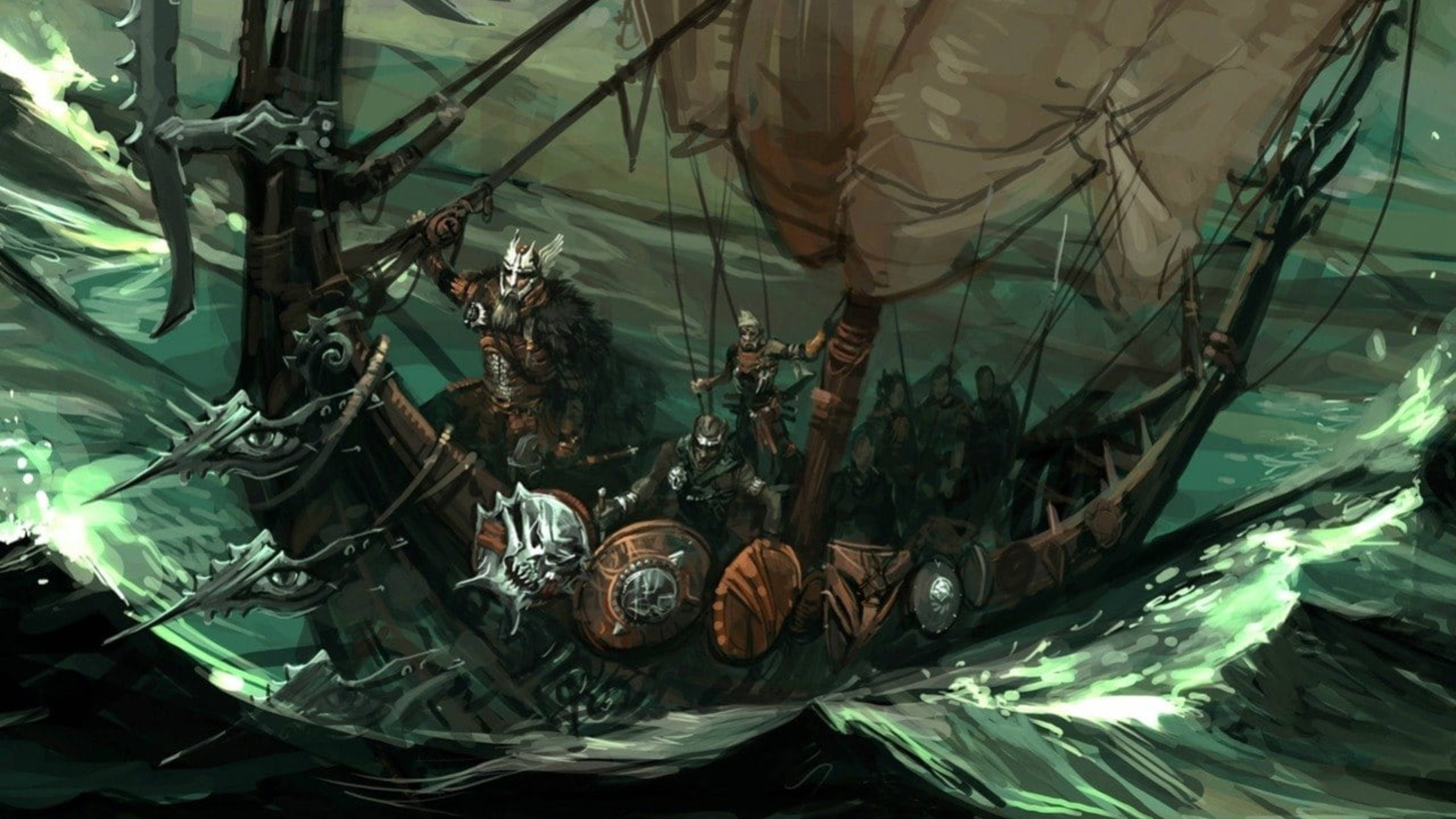 Viking Ship 桌布 壁紙 — 一艘維京戰船在波濤洶湧的綠色海浪中作戰，戰士們在暴風雨的天空下揮舞劍和盾牌。