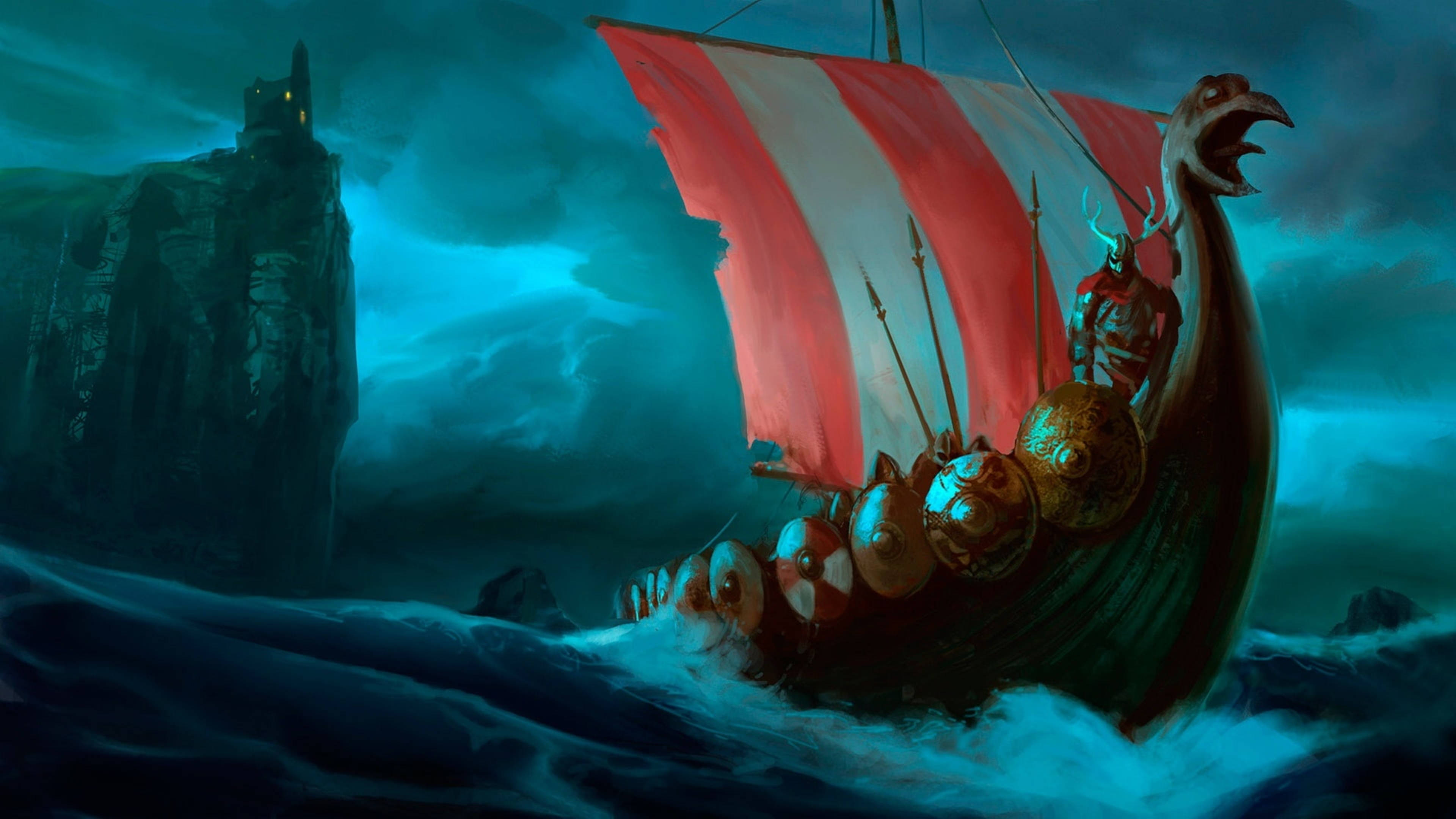 Viking Ship 桌布 壁紙 — 一艘維京長船，帶有紅白條紋帆，在黑暗天空下，於懸崖堡壘附近穿越風暴般的藍綠色水域。
