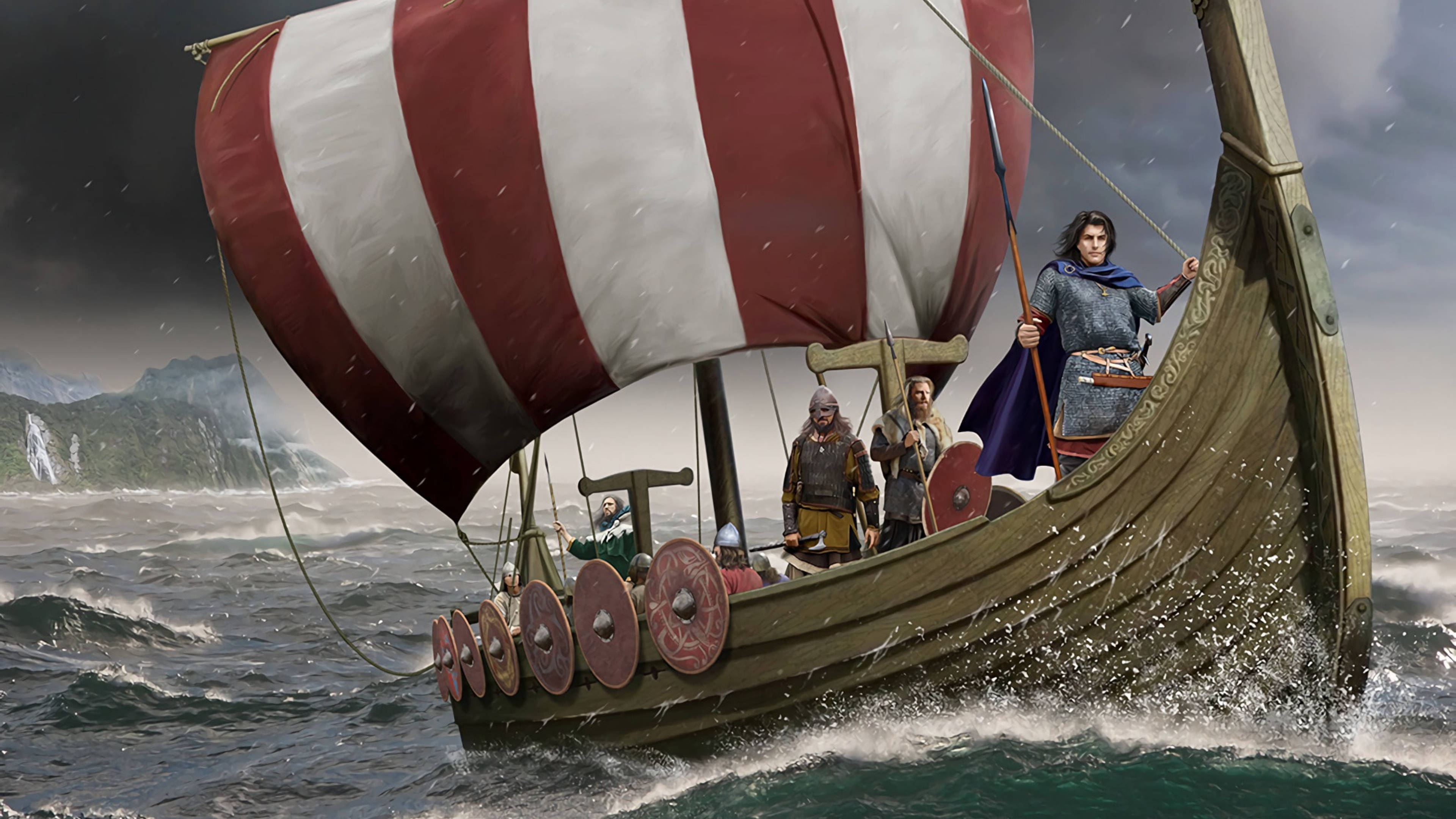 Viking Ship 桌布 壁紙 — 一艘維京長船，帶有紅白條紋的帆，在波濤洶湧的海面上破浪前行，戰士們在甲板上待命。