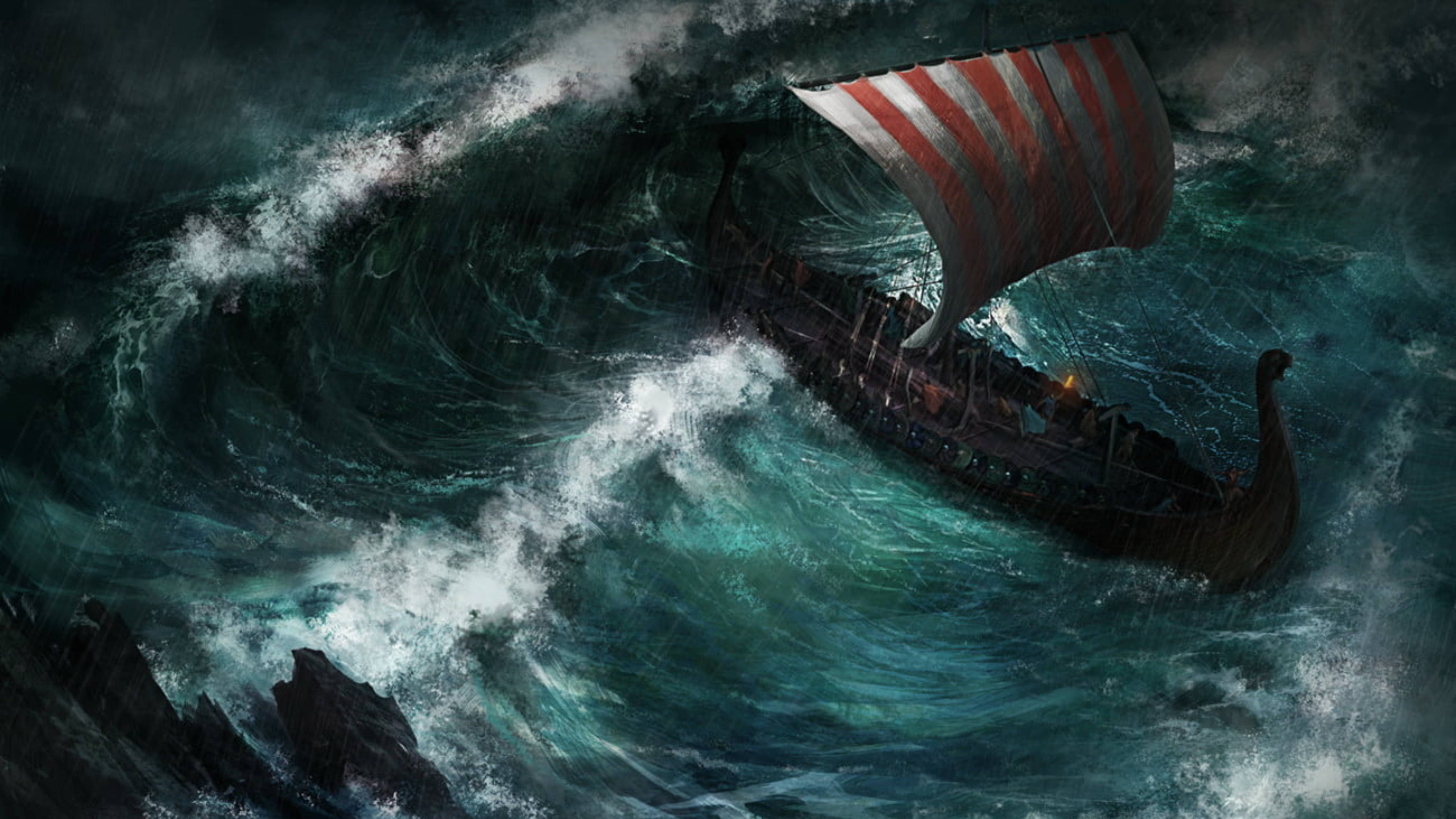 Viking Ship 桌布 壁紙 — 一艘維京長船，帶有紅白條紋的帆，在波濤洶湧的大海中與高聳的綠色波浪搏鬥。
