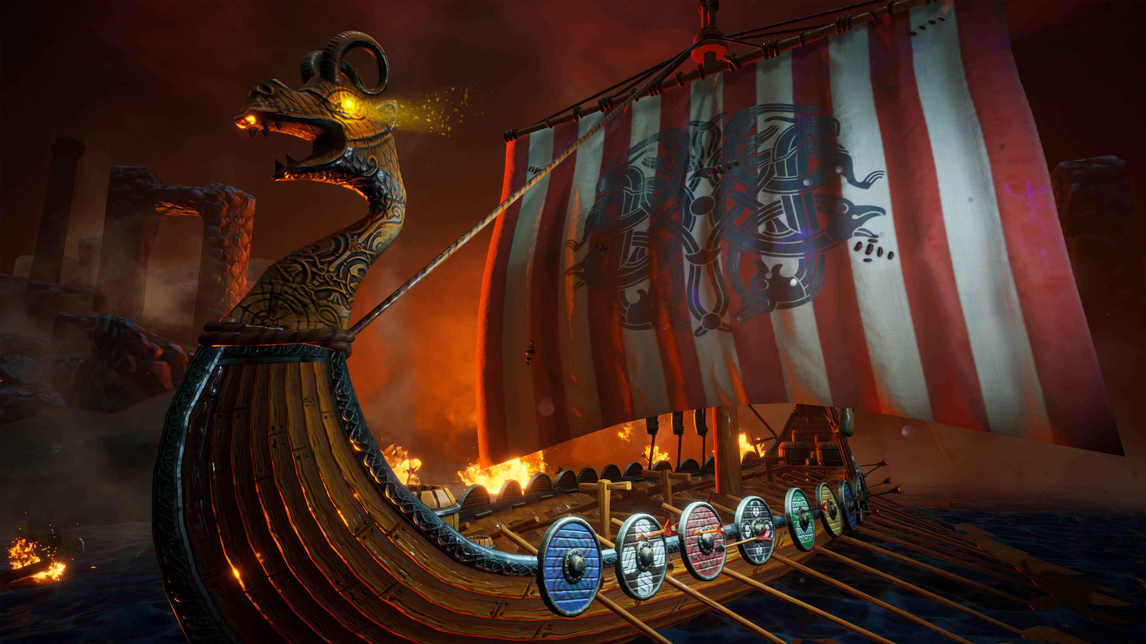 Viking Ship 桌布 壁紙 — 一艘維京長船，船頭有龍頭，紅白條紋帆，在黃昏時分航行於火海之上。