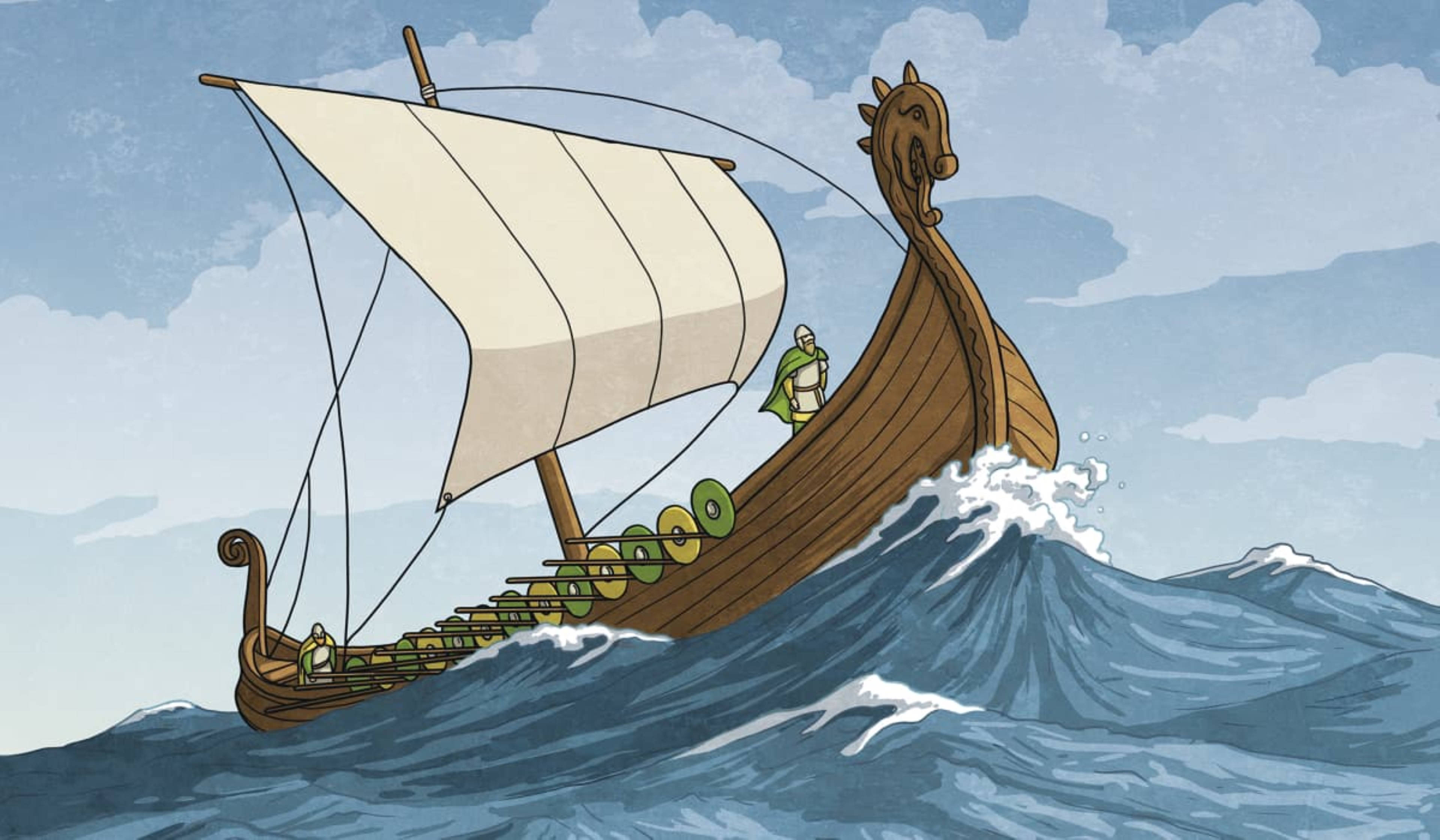 Viking Ship 桌布 壁紙 — 一艘維京長船，船首有龍頭，在陰天之下穿過洶湧的藍色波浪航行。