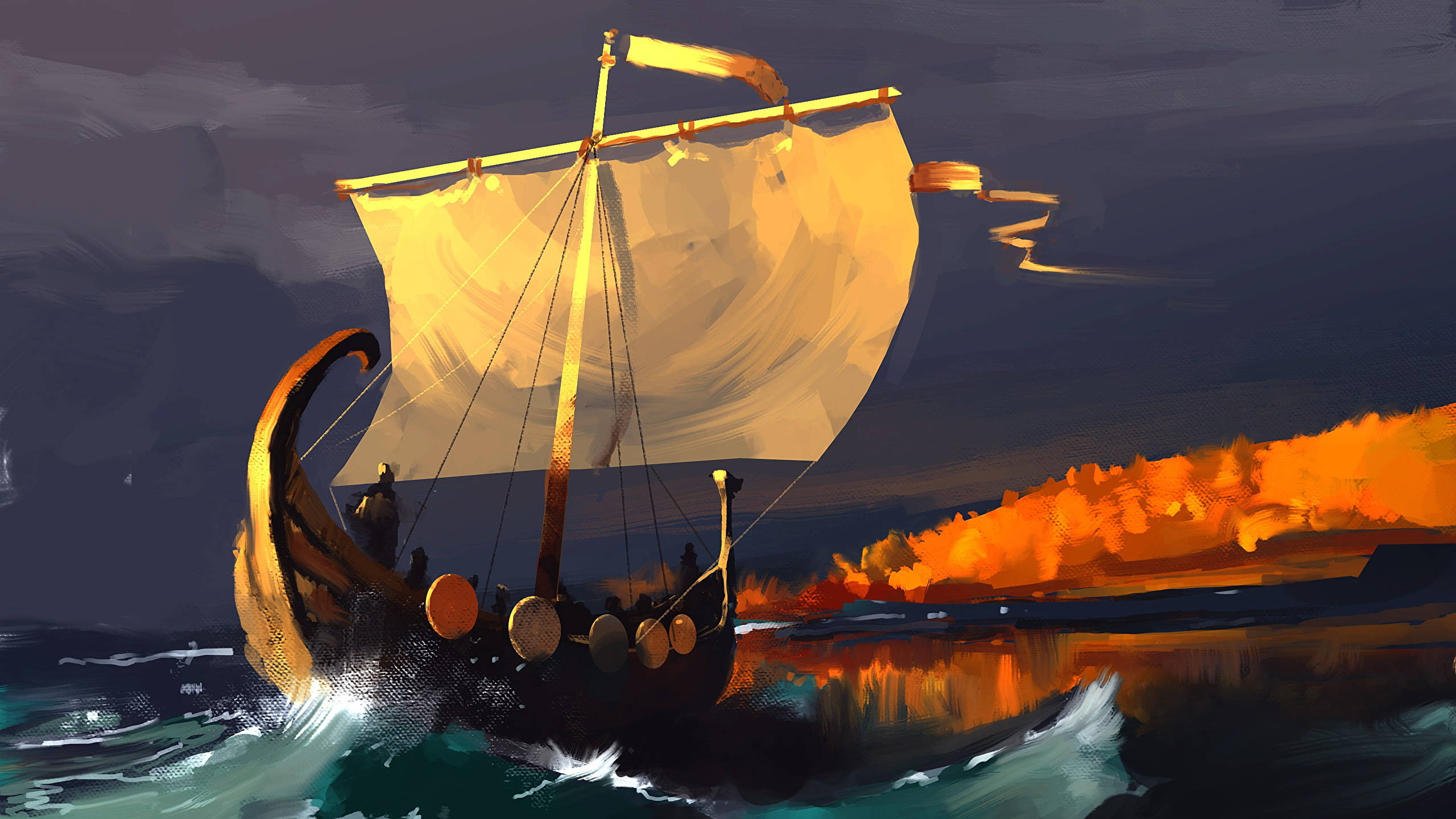 Viking Ship 桌布 壁紙 — 一艘維京長船，金色風帆劃破黑暗波浪，地平線上熾熱的橙色懸崖在暮色天空下閃耀。