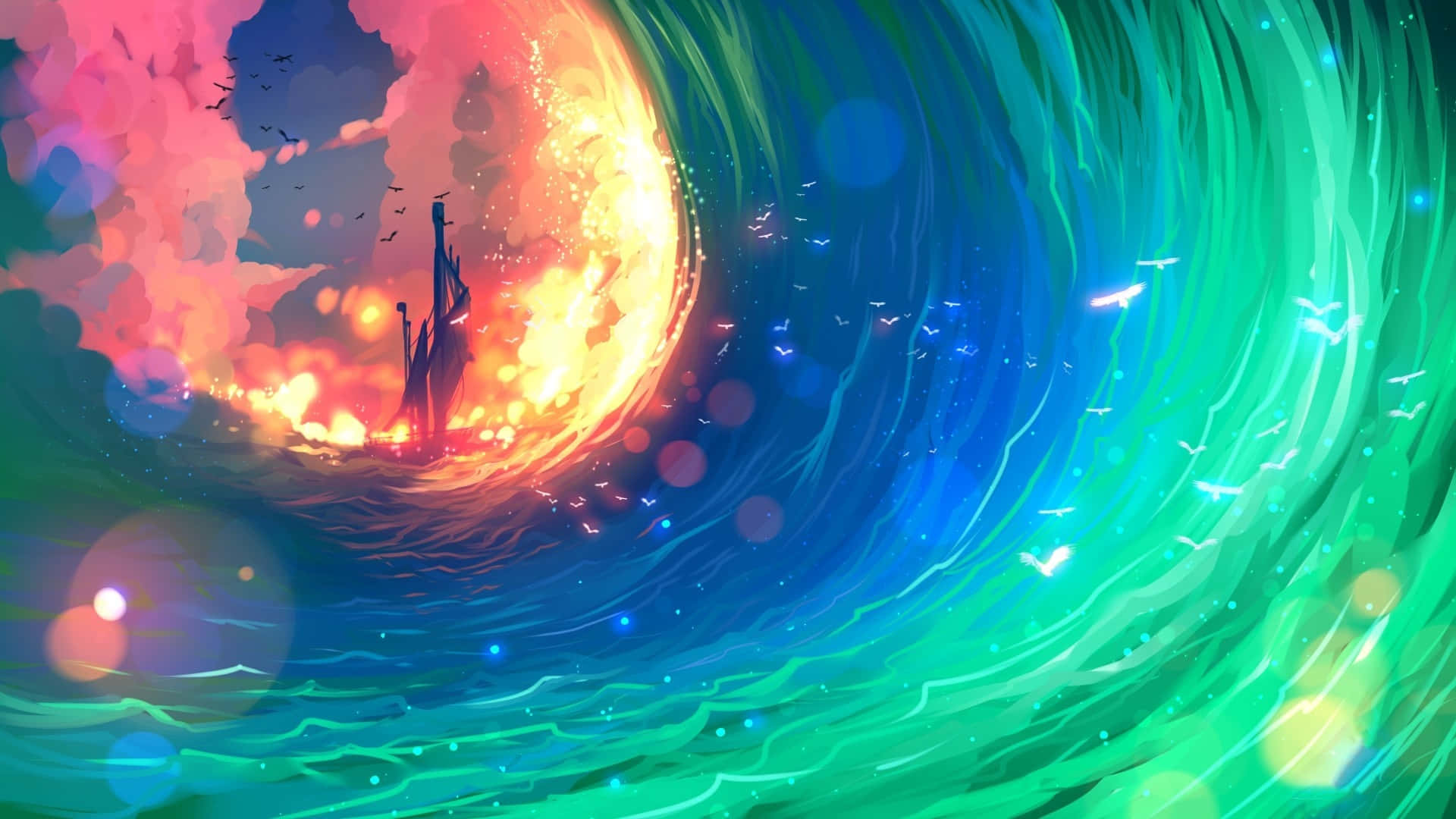 銀河 桌布 壁紙 — 一艘船在暮色天空下，穿越一道充滿活力的宇宙波浪，波浪中心是火熱的橙色，邊緣是電光藍綠色。
