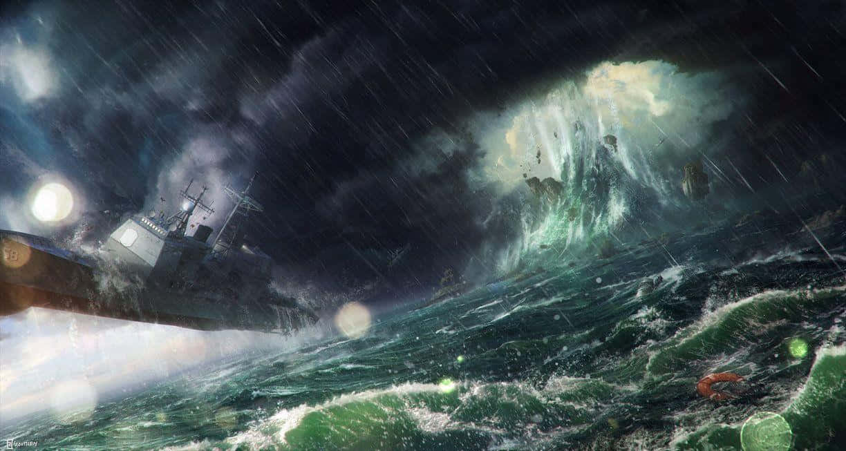 Bermuda Triangle 桌布 壁紙 — 一艘船在暴風雨的夜空下與巨大的綠色波浪搏鬥，閃電照亮了混亂。