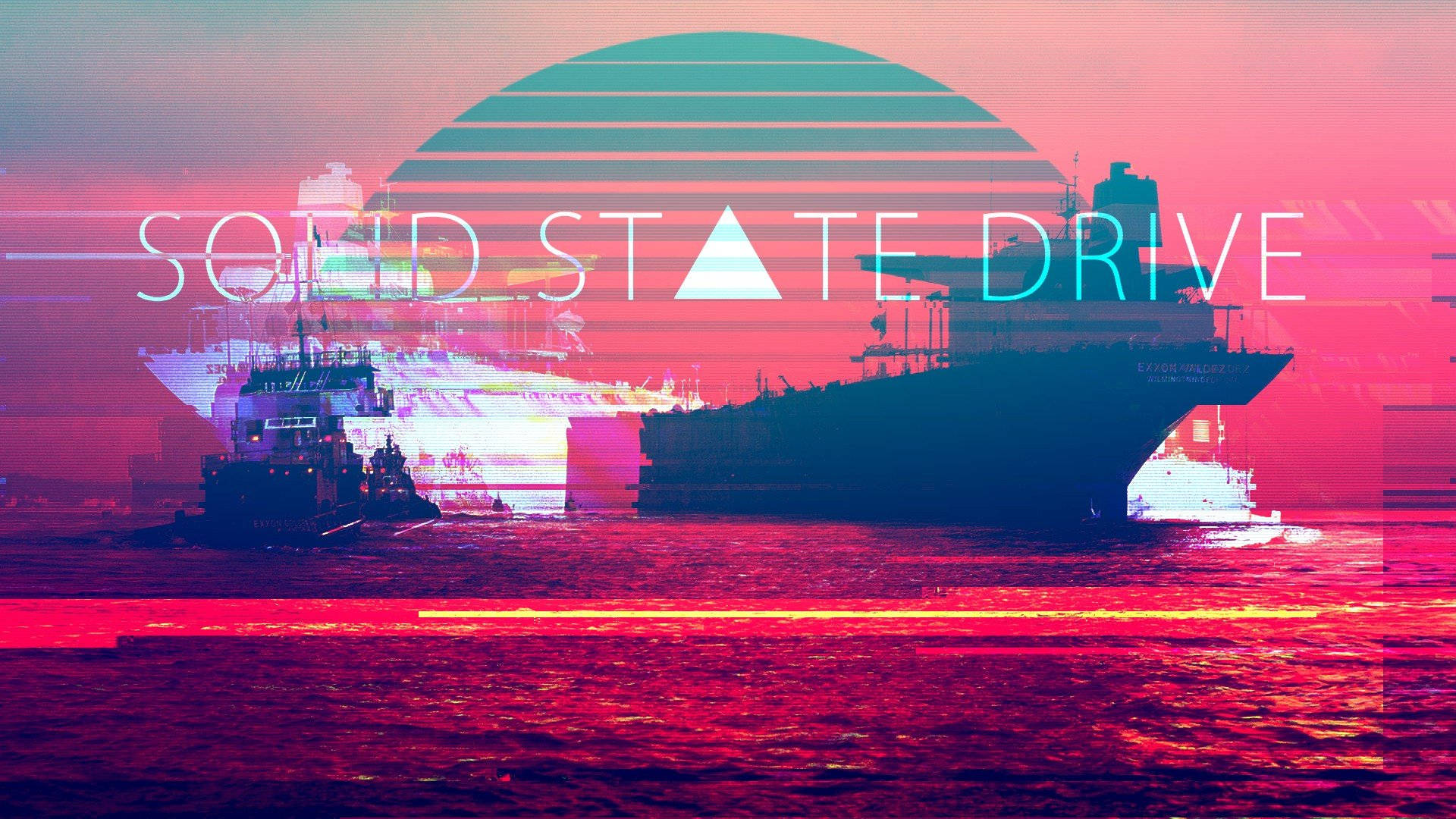 Vaporwave Desktop 桌布 壁紙 — 一艘艘船隻在條紋太陽下，並有粗體文字寫著 solid state drive 的故障復古未來主義海景。