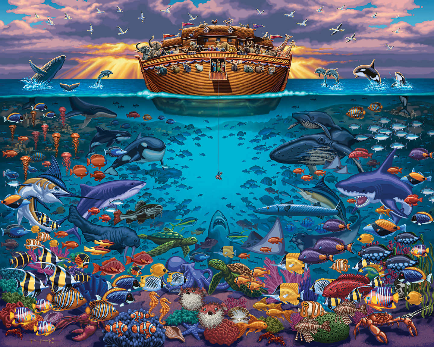 Noah's Ark 桌布 壁紙 — 一艘色彩繽紛的插圖方舟漂浮在繁忙的海底珊瑚礁上方，珊瑚礁裡充滿了鯊魚、鯨魚和色彩斑斕的魚類，背景是夕陽天空。
