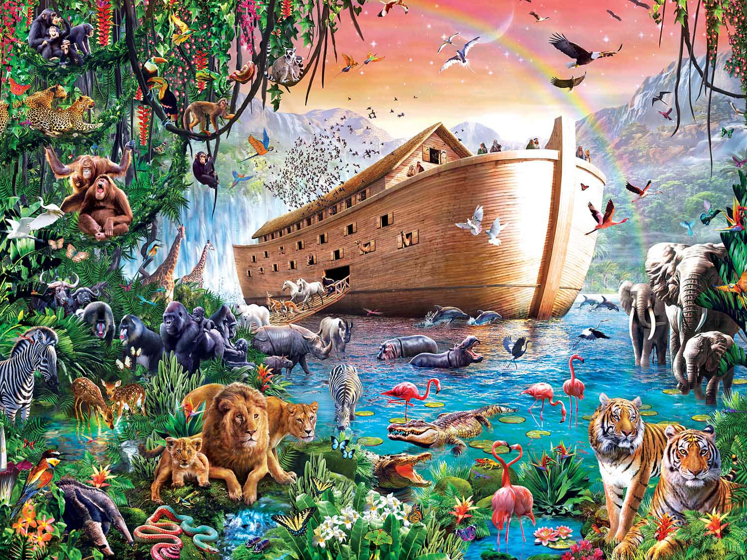 Noah's Ark 桌布 壁紙 — 一艘色彩繽紛的聖經方舟漂浮在茂密的叢林河流中，周圍環繞著各種動物，天空掛著彩虹。