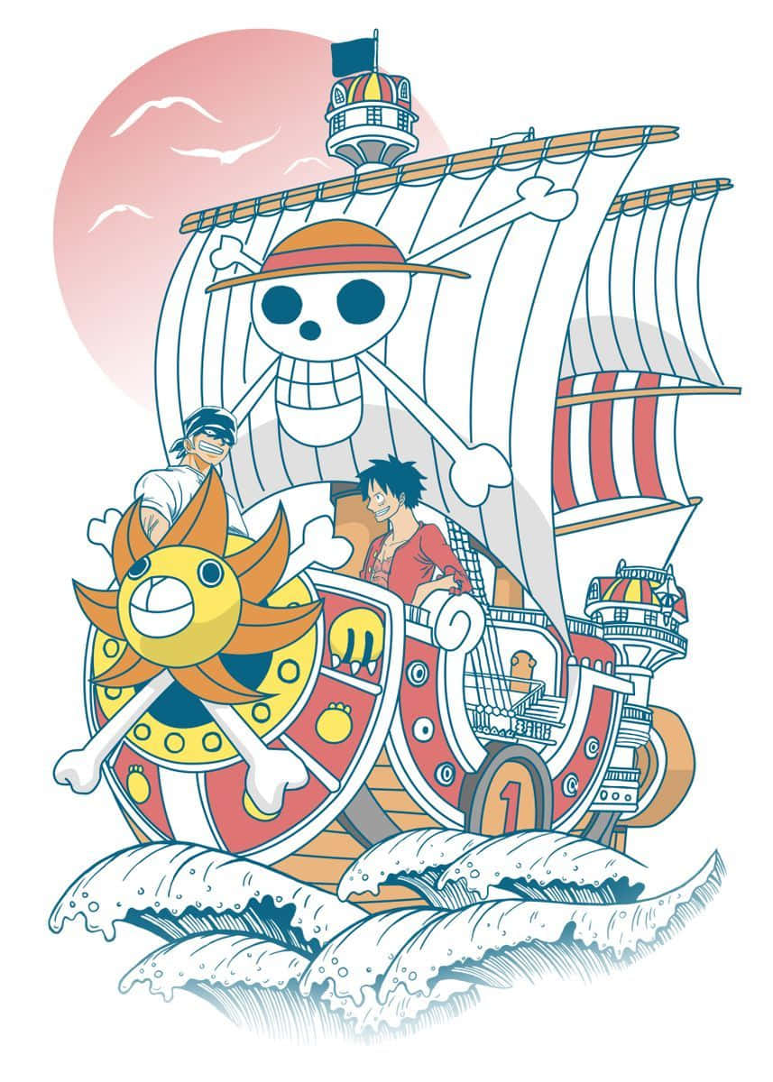 Thousand Sunny 桌布 壁紙 — 一艘色彩鮮豔的動漫船，帶有骷髏船首像，在粉紅色日落天空下穿過洶湧的海浪航行。