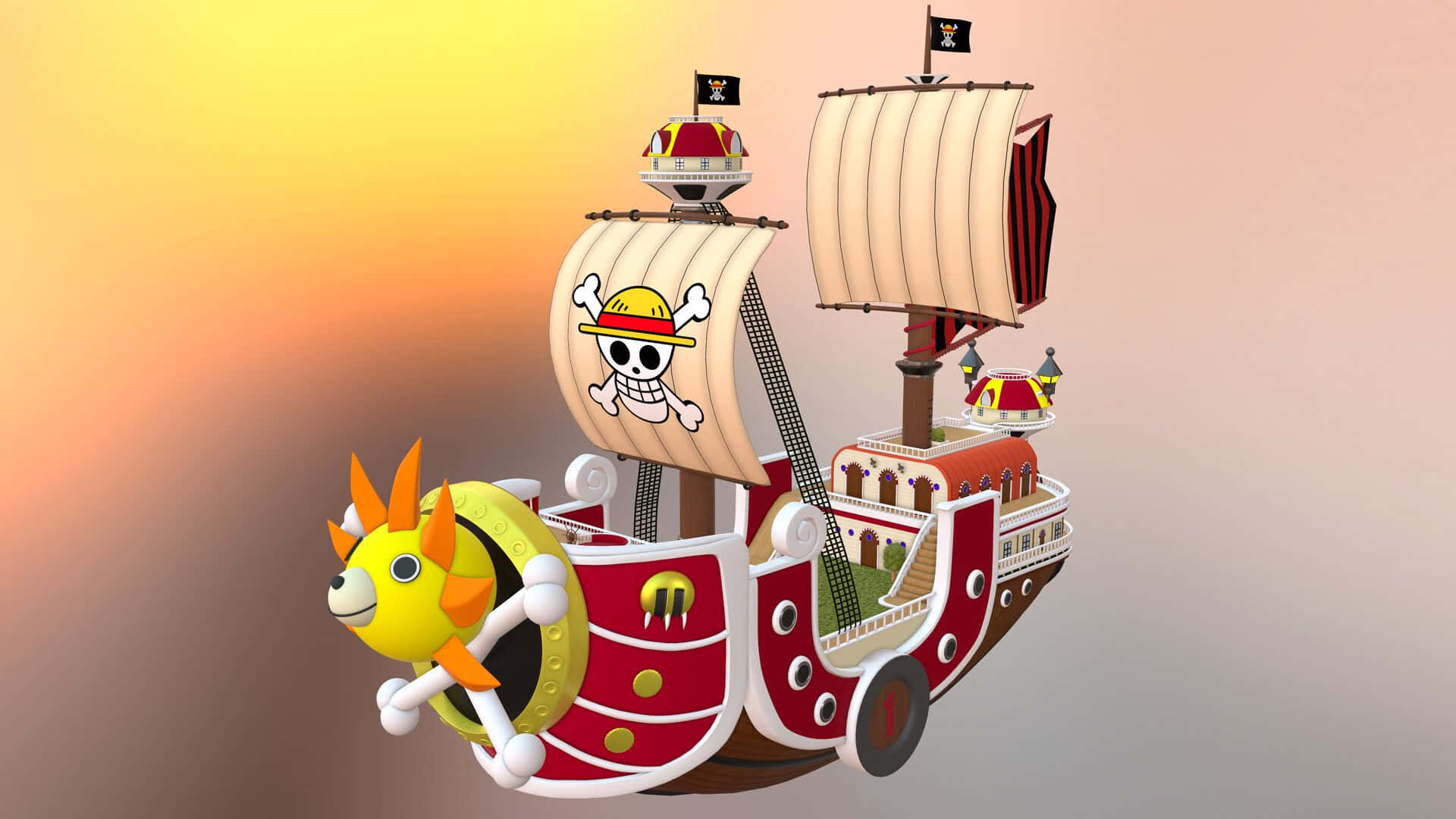 Thousand Sunny 桌布 壁紙 — 一艘色彩鮮豔的卡通海盜船，帶有黃色魚頭和骷髏旗，在溫暖的日落漸變背景下航行。