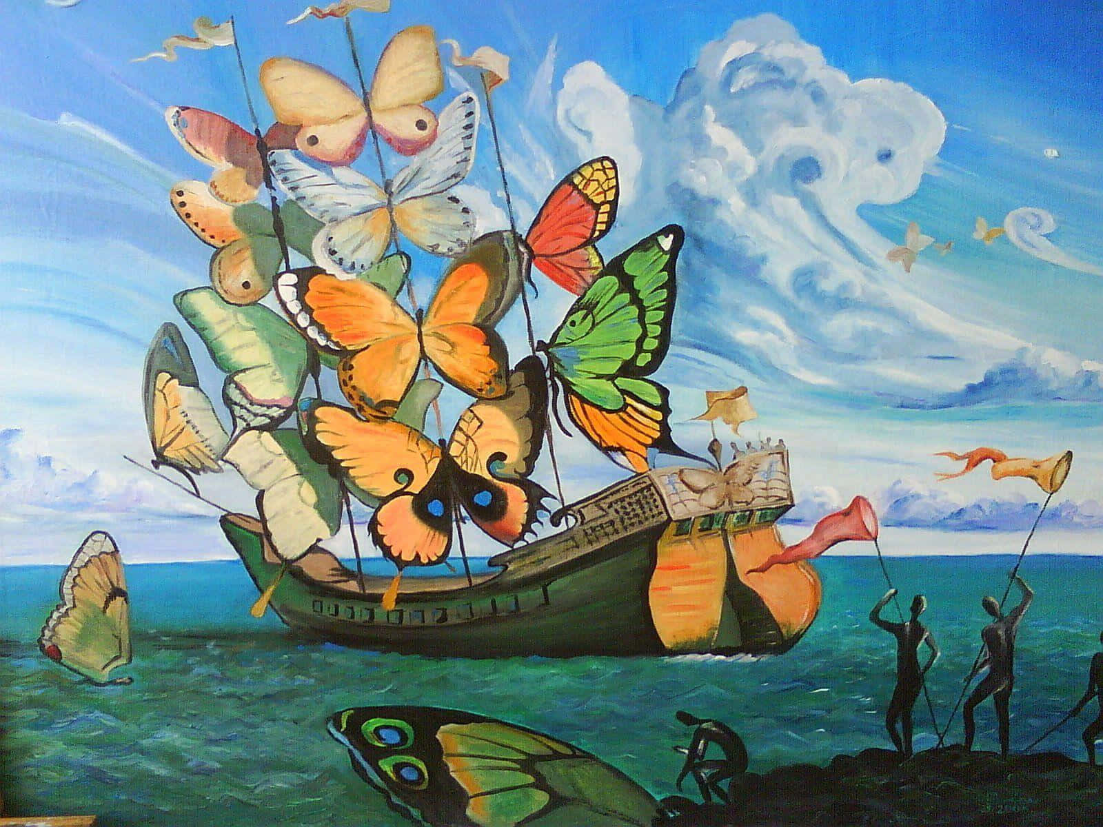Surreal Art 桌布 壁紙 — 一艘色彩鮮豔的船隻在碧綠色的水域上航行，以巨大的彩色蝴蝶作為船帆，在藍天白雲下前行。