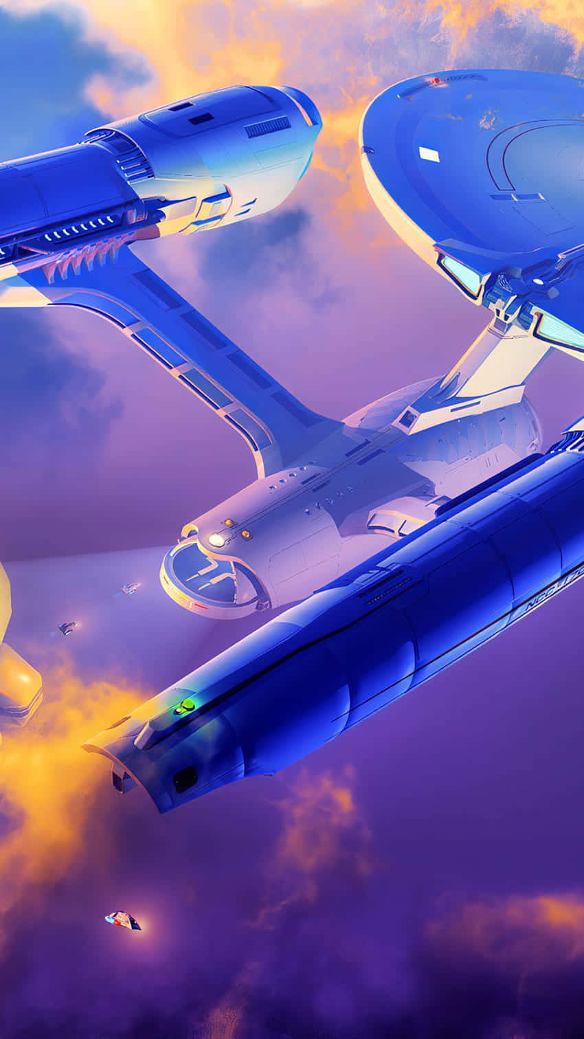 Aerospace 桌布 壁紙 — 一艘藍色星艦在充滿活力的紫色和橙色天空中滑行，下方有雲朵和一艘小船。