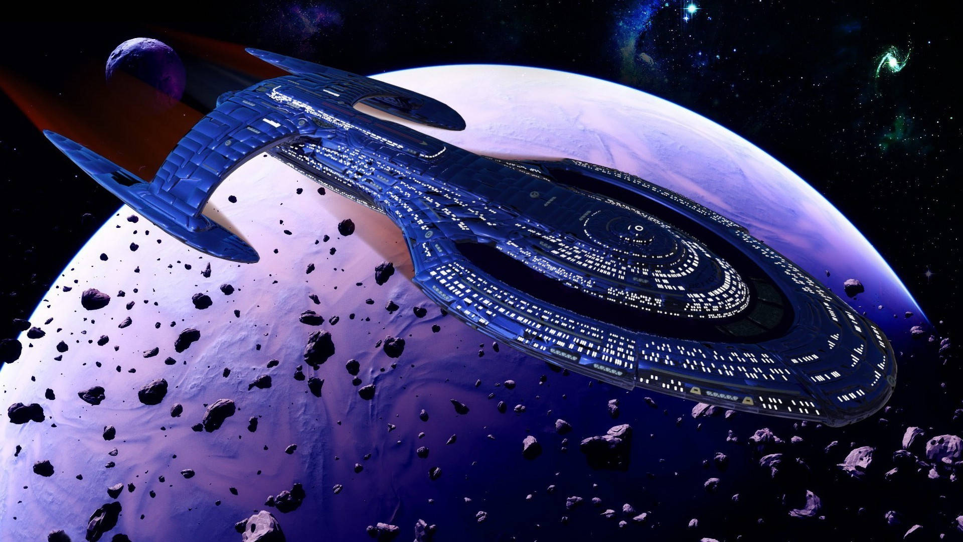 Discovery 桌布 壁紙 — 一艘藍色星艦在繁星點點的宇宙中，穿越靠近紫色行星的小行星帶。