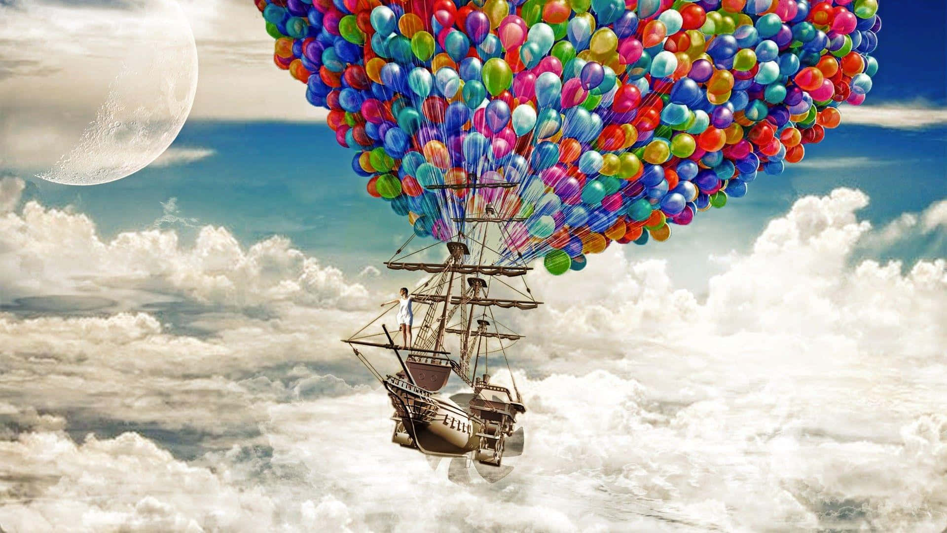 Hot Air Balloon 桌布 壁紙 — 一艘被彩虹氣球瀑布升起的奇幻船隻，在巨大月亮下航行於蓬鬆雲層之間。