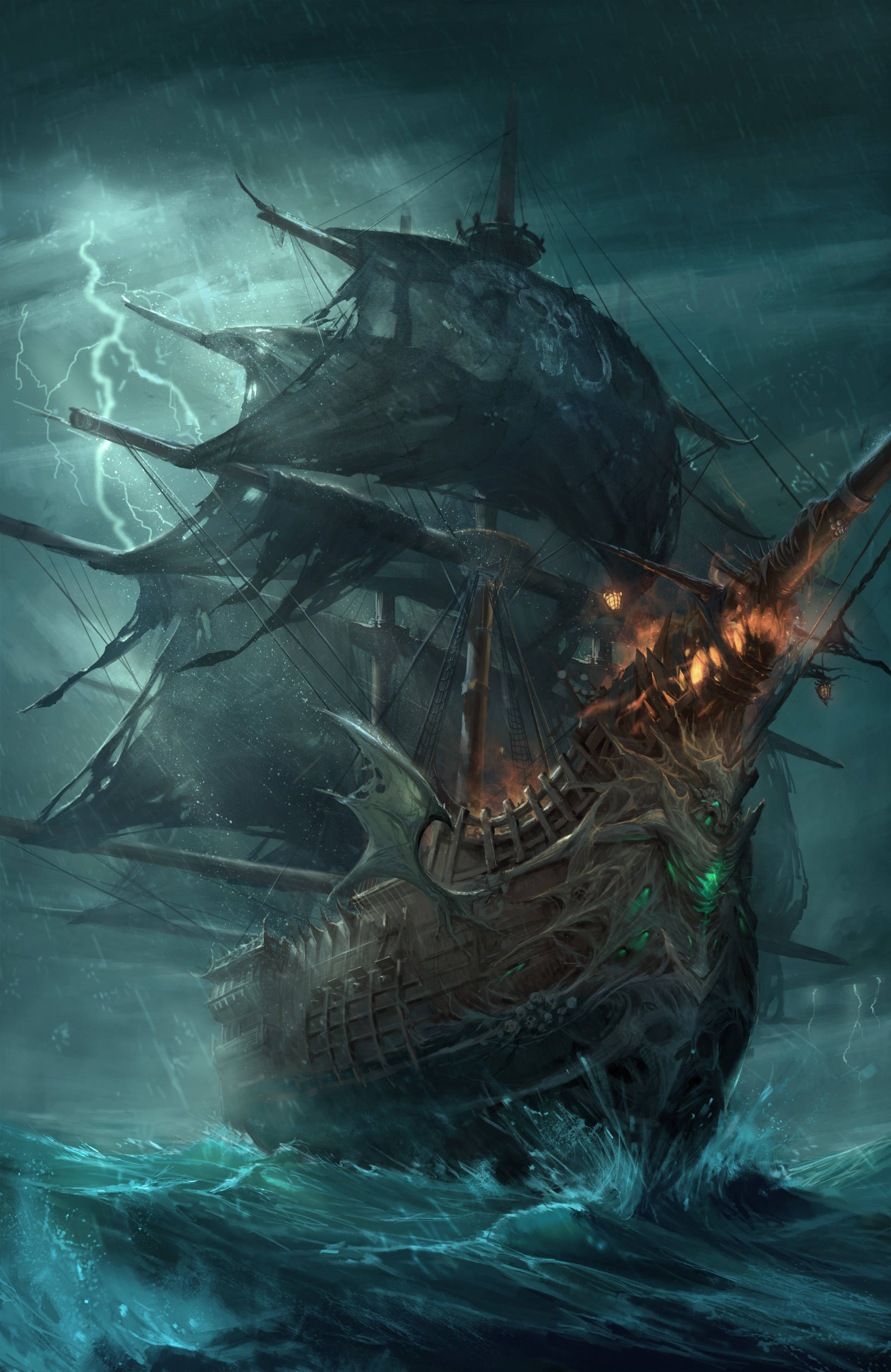 Ghost Ship 桌布 壁紙 — 一艘被詛咒的加利恩帆船在閃電下與洶湧的大海搏鬥，船上有發光的綠色眼睛和燃燒的帆。