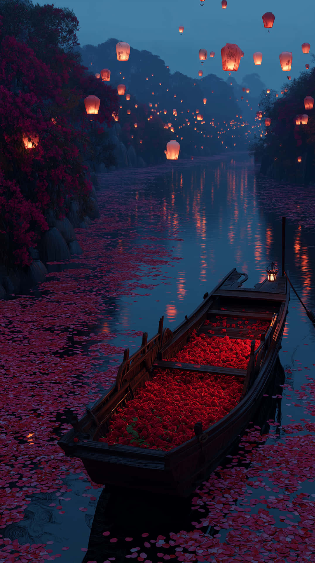 Lantern-Lit River with Flower-Filled Boat - Romantic Night View 壁紙 — 一艘裝滿紅色花瓣的木船在黃昏時分，在發光的燈籠下，漂浮在佈滿花瓣的河上。