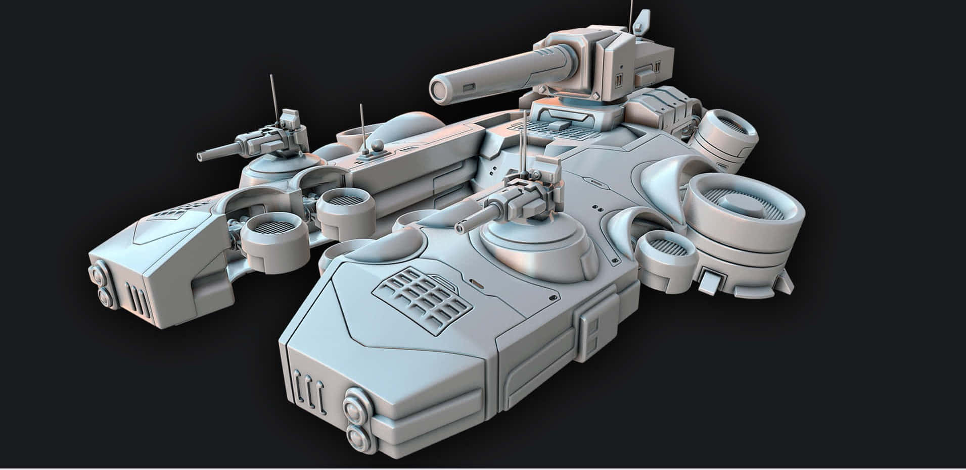 Ashes Of The Singularity Escalation 桌布 壁紙 — 一艘詳細的灰色未來太空船，配有多個砲塔和引擎，背景為黑色。