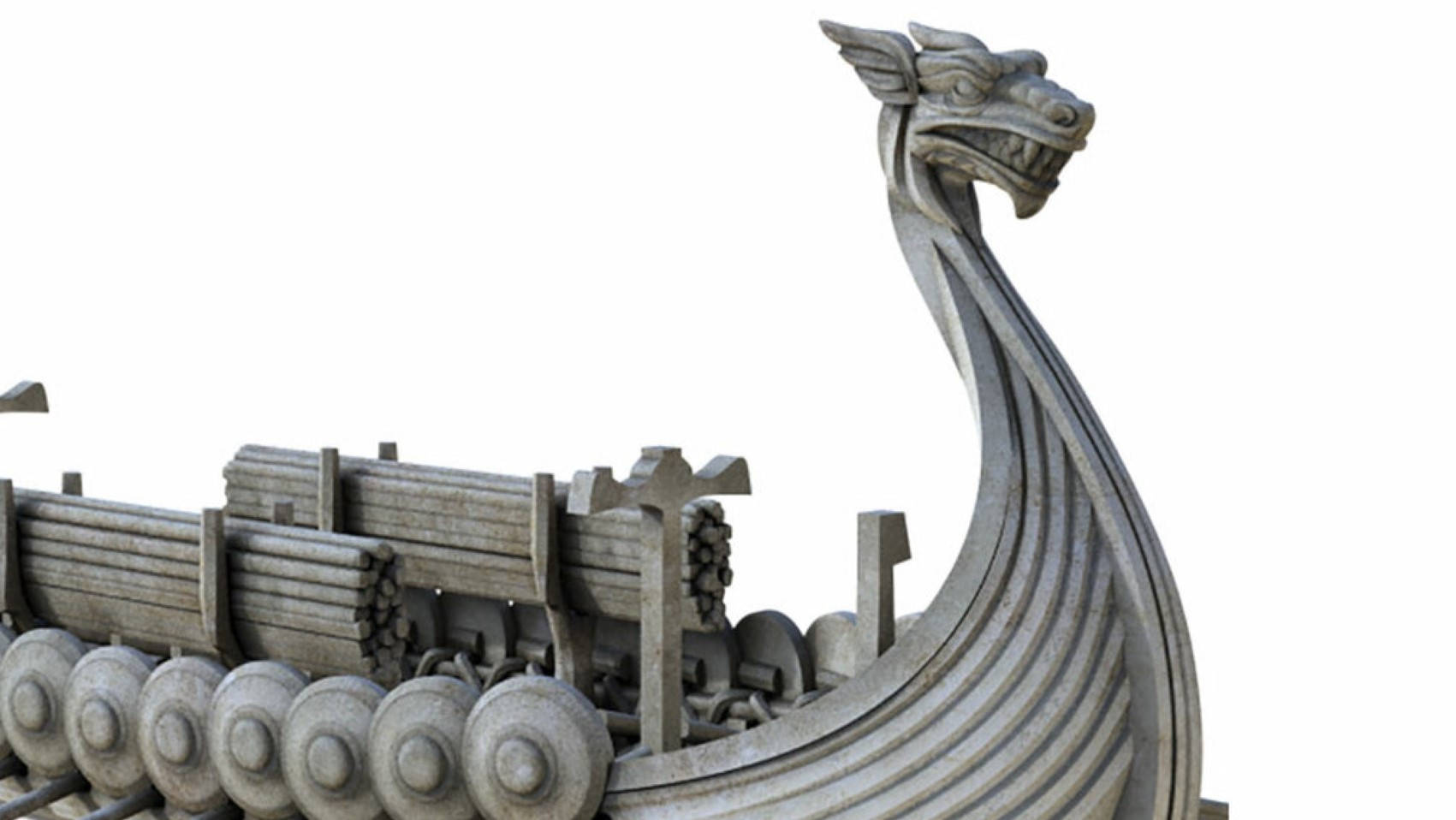 Viking Ship 桌布 壁紙 — 一艘詳細的石製維京長船，帶有龍頭船首和堆疊的盾牌，背景為純白色。