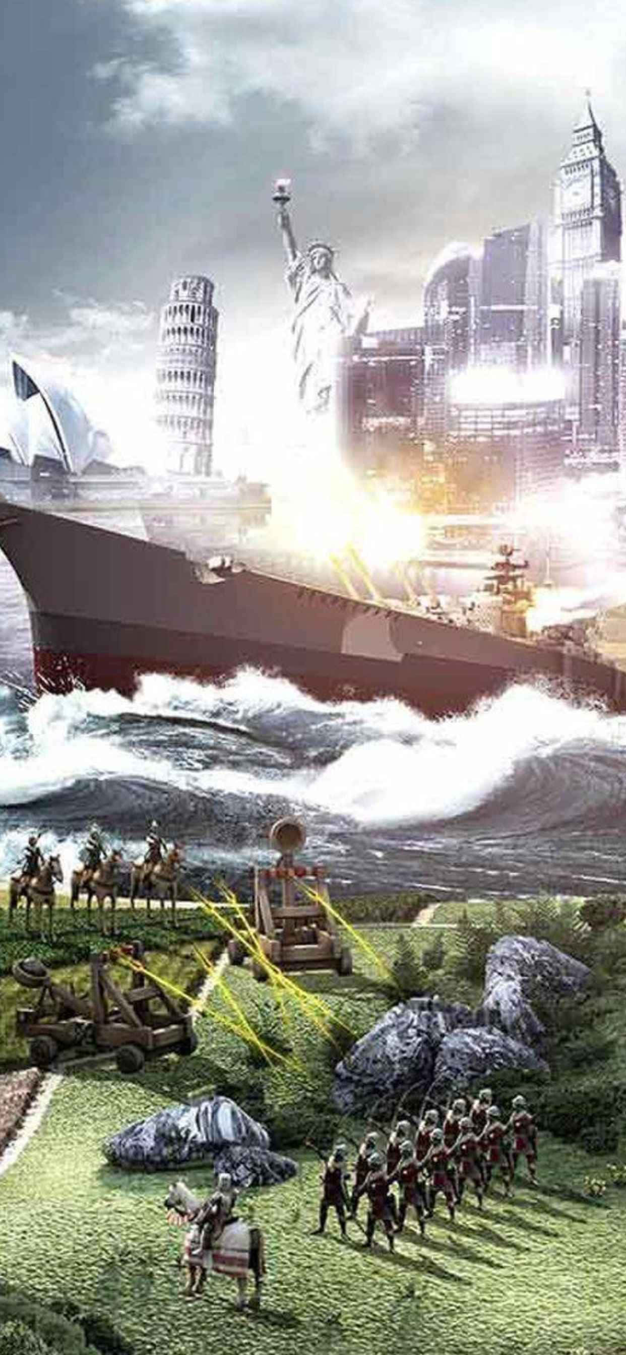 一艘軍艦在水上，旁邊有士兵 壁紙