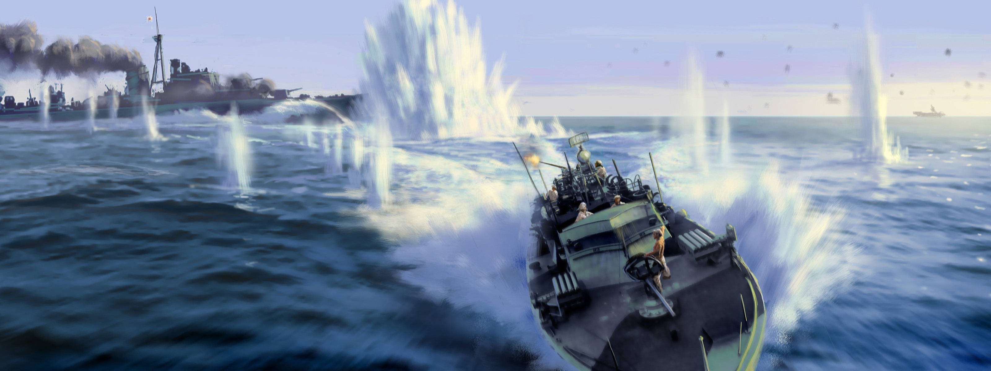 魔獸世界 桌布 壁紙 — 一艘軍艦在波濤洶湧的藍色海面上疾馳，身後爆炸伴隨著煙霧和水花。
