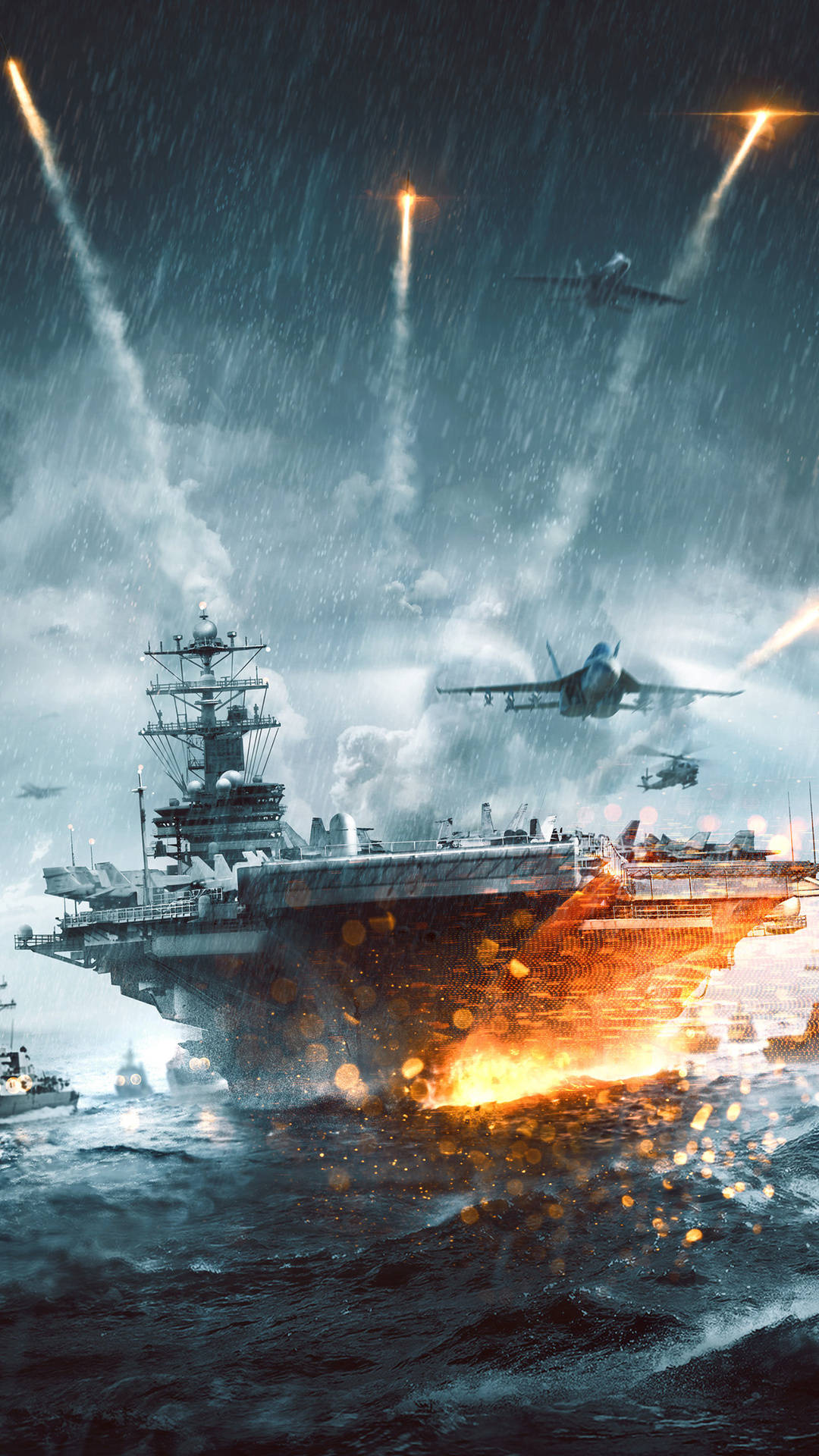 電玩遊戲 桌布 壁紙 — 一艘軍艦在猛烈風暴和敵火中作戰，戰鬥機在上空呼嘯而過，構成戲劇性的海戰場景。