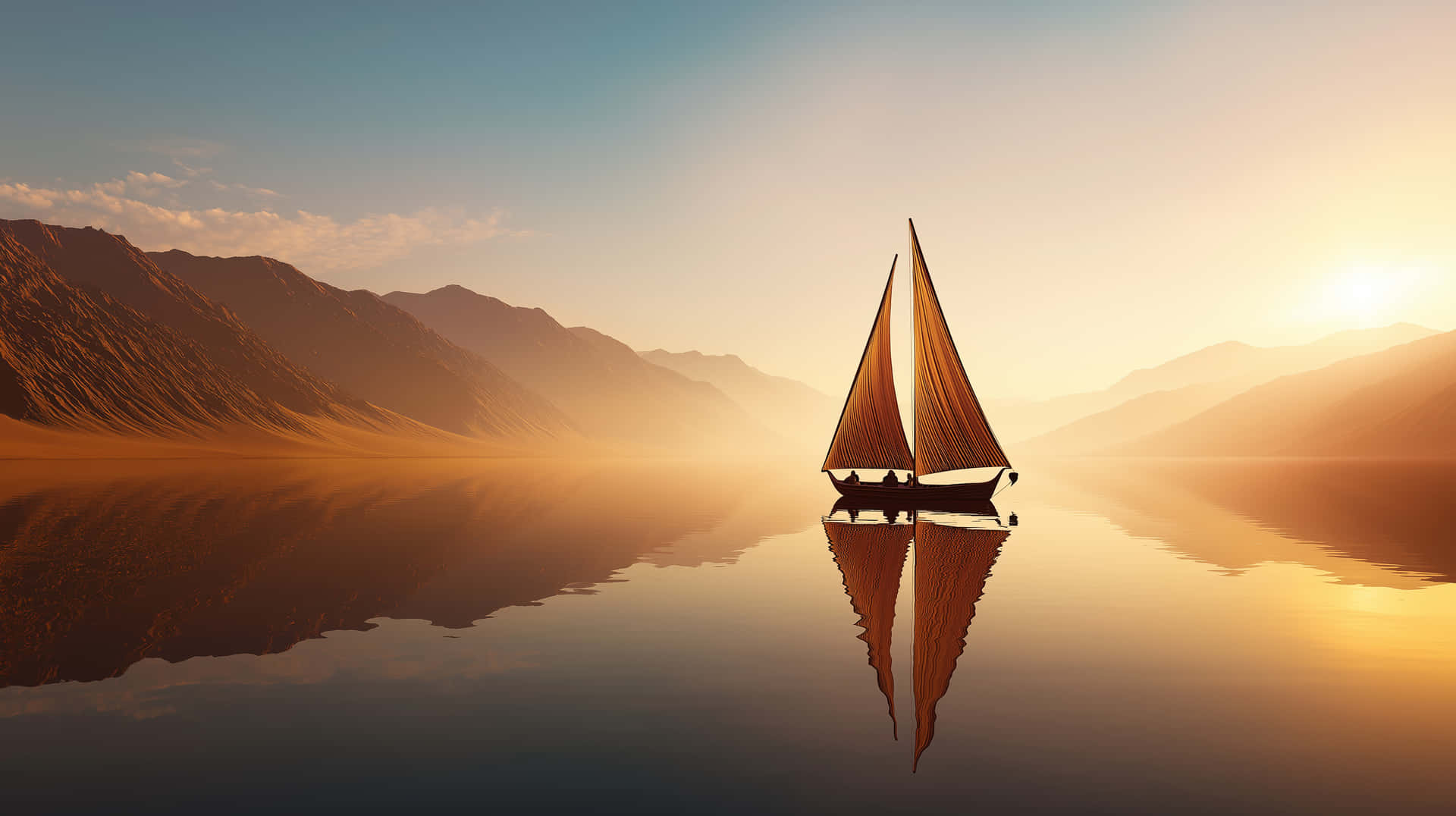 Sailboat at golden hour with reflections on calm mountain lake 壁紙 — 一艘載有兩個人的帆船在日出時滑過如鏡的湖面，倒映出金色的山巒和天空。