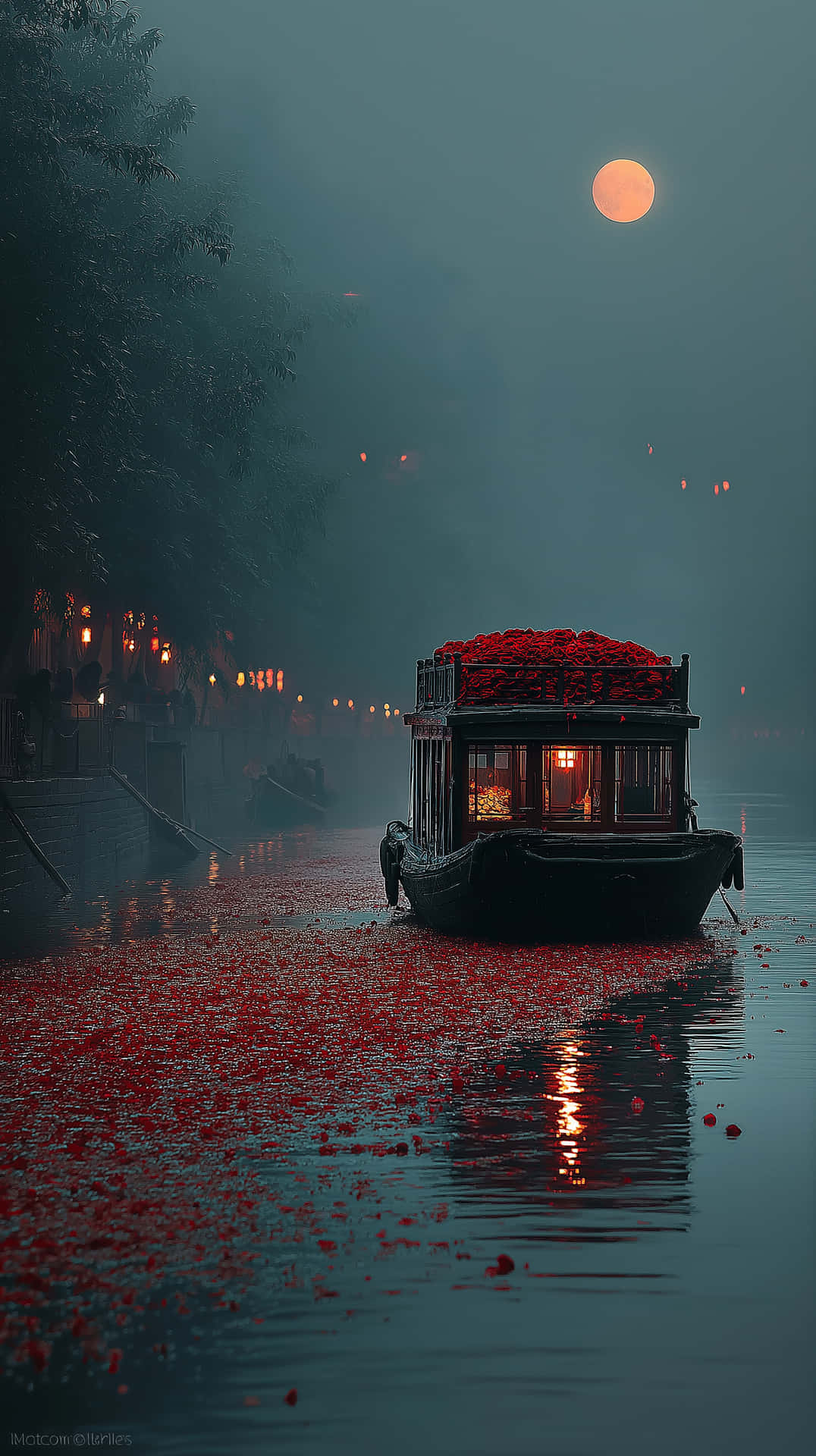 Moonlit Floral Boat on Tranquil Waters - Dreamy Night Scene 壁紙 — 一艘載滿紅花的暗色船隻在發光的橙色月亮下，滑過霧氣瀰漫的水面，岸邊散落著燈籠。