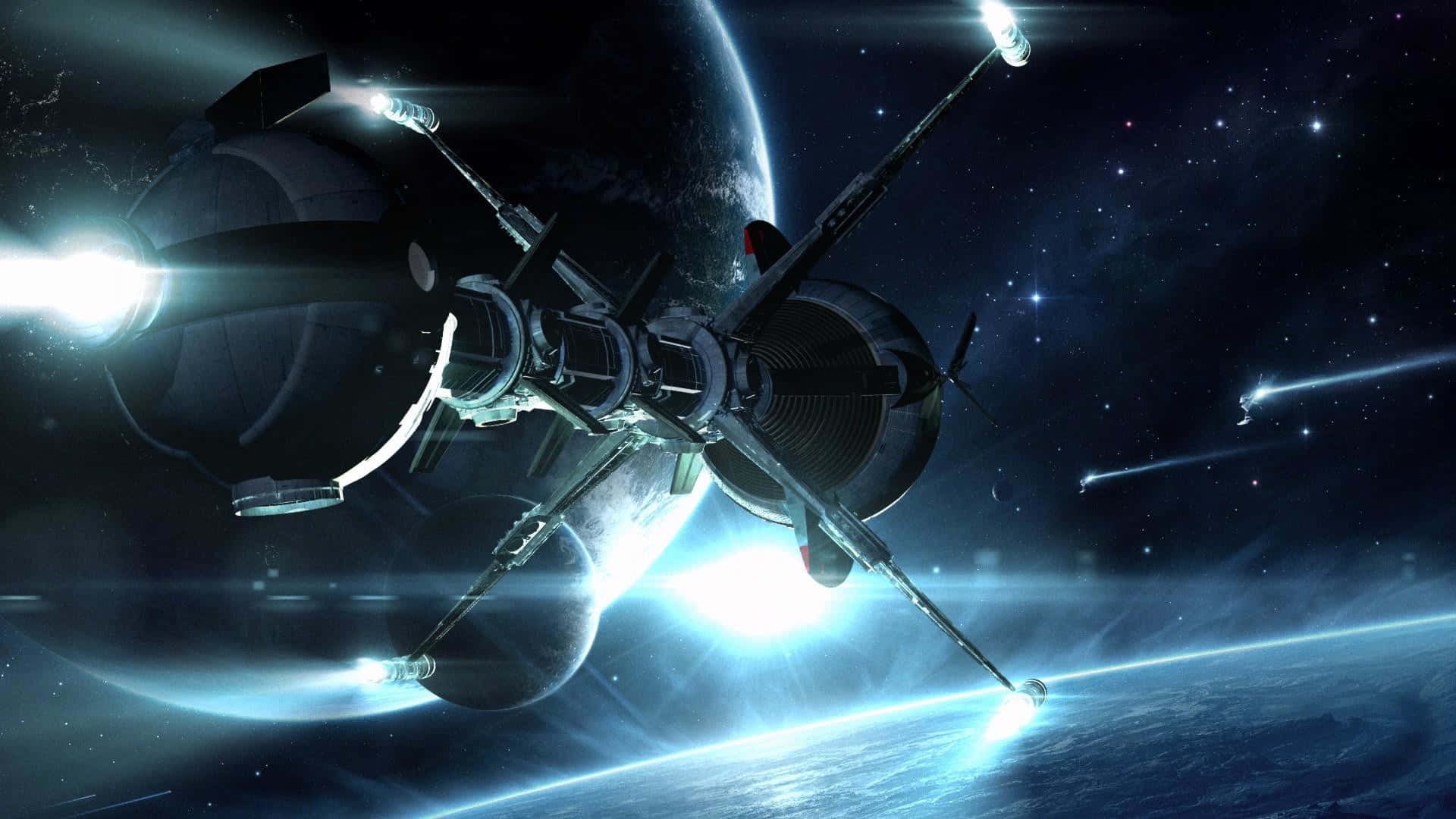 Spaceship 桌布 壁紙 — 一艘配備發光引擎的未來太空船，在繁星點點的宇宙背景下環繞一顆行星運行。