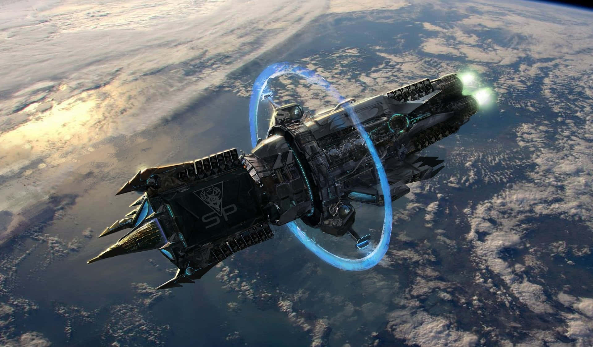 Spacecraft 桌布 壁紙 — 一艘配備發光引擎的未來太空船繞地球運行，在行星雲層覆蓋的表面留下藍色能量痕跡。