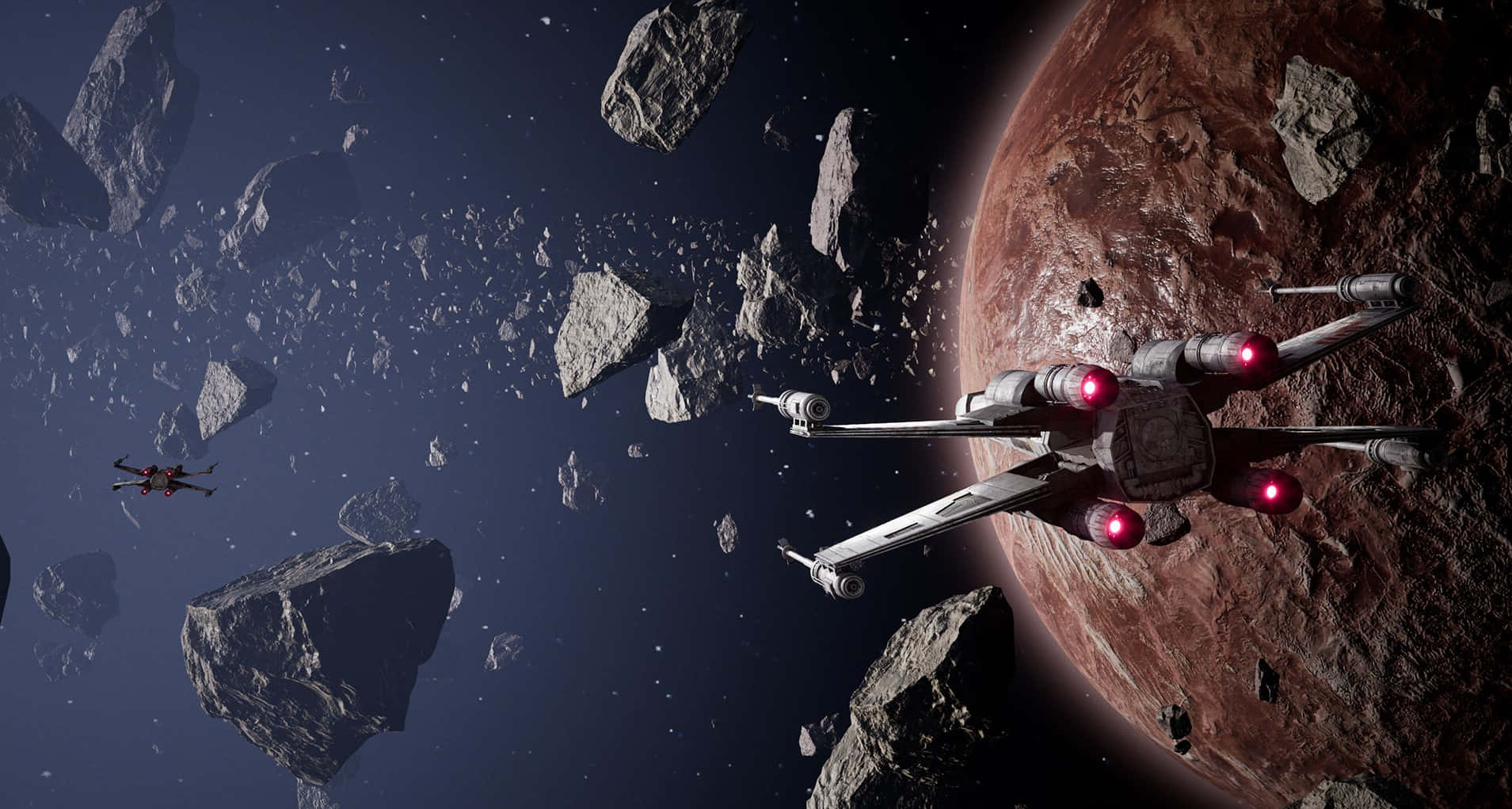 Interstellar Travel 桌布 壁紙 — 一艘配備發光紅色引擎的星際戰機在深空中靠近一顆微紅行星的小行星帶中航行。