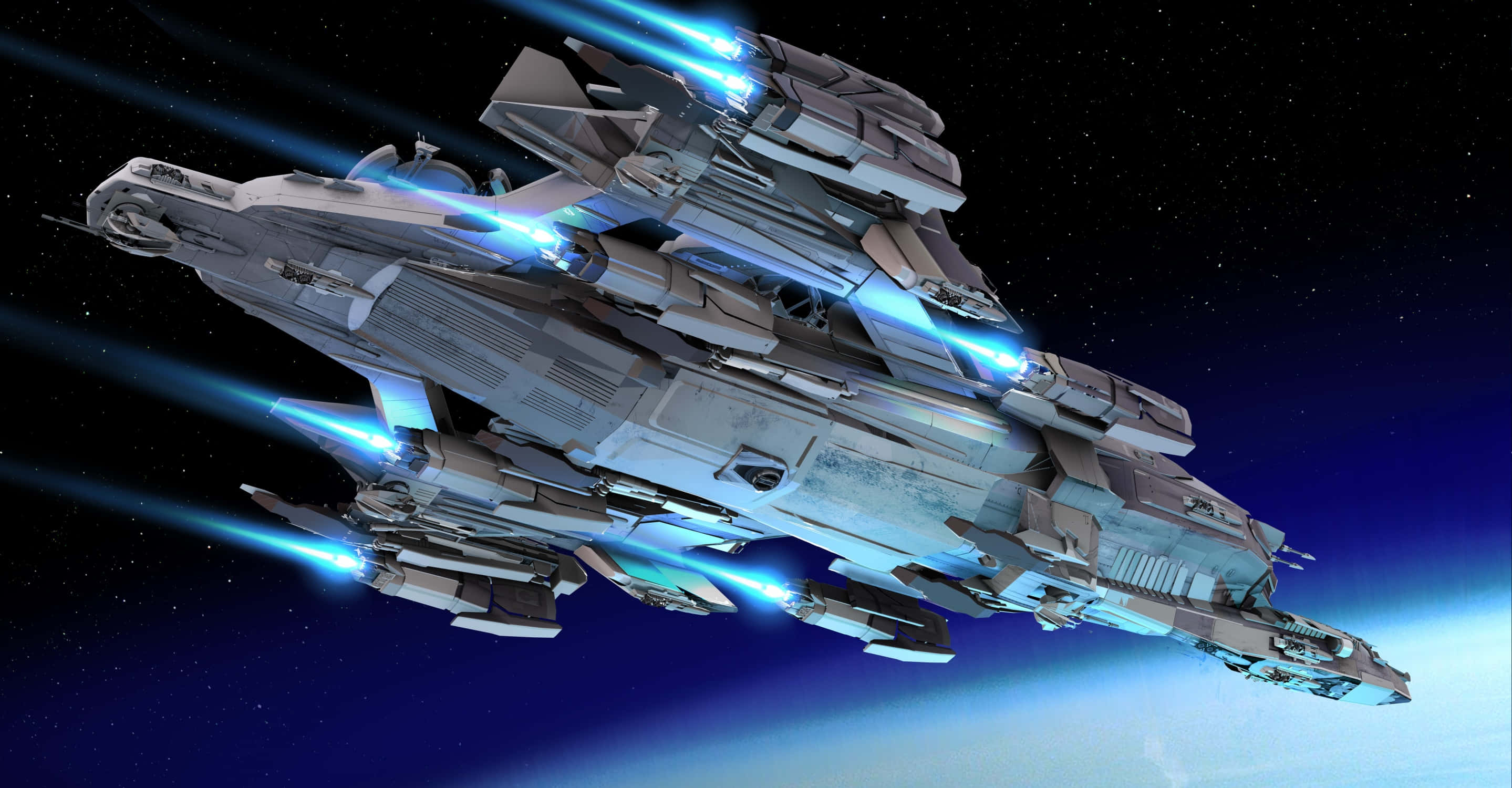 Spacecraft 桌布 壁紙 — 一艘配備發光藍色引擎的未來太空船，在行星彎曲的地平線上方穿越太空。