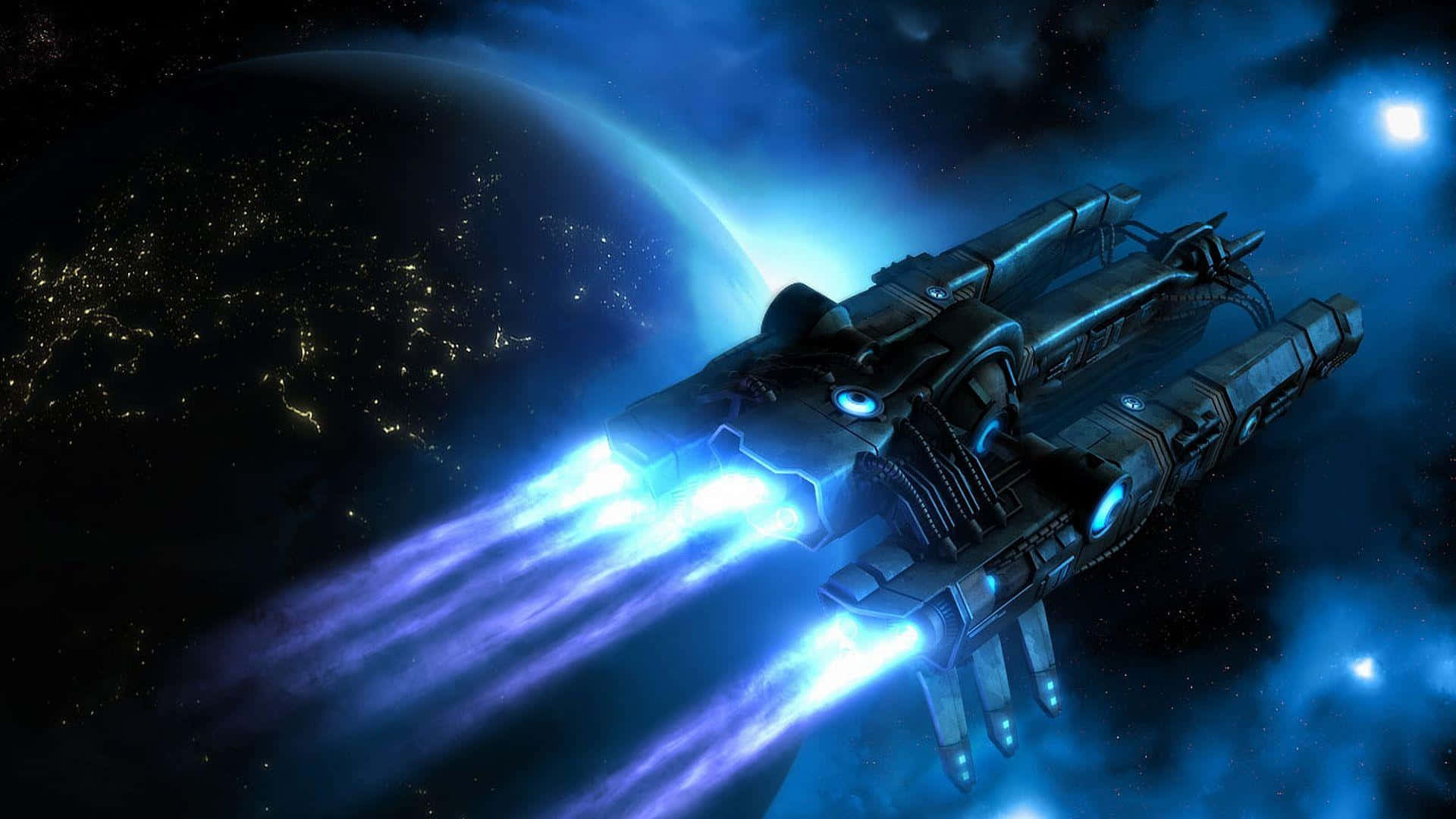 Spaceship 桌布 壁紙 — 一艘配備發光藍色引擎的未來太空船，在太空中飛過一個有城市燈光的行星。