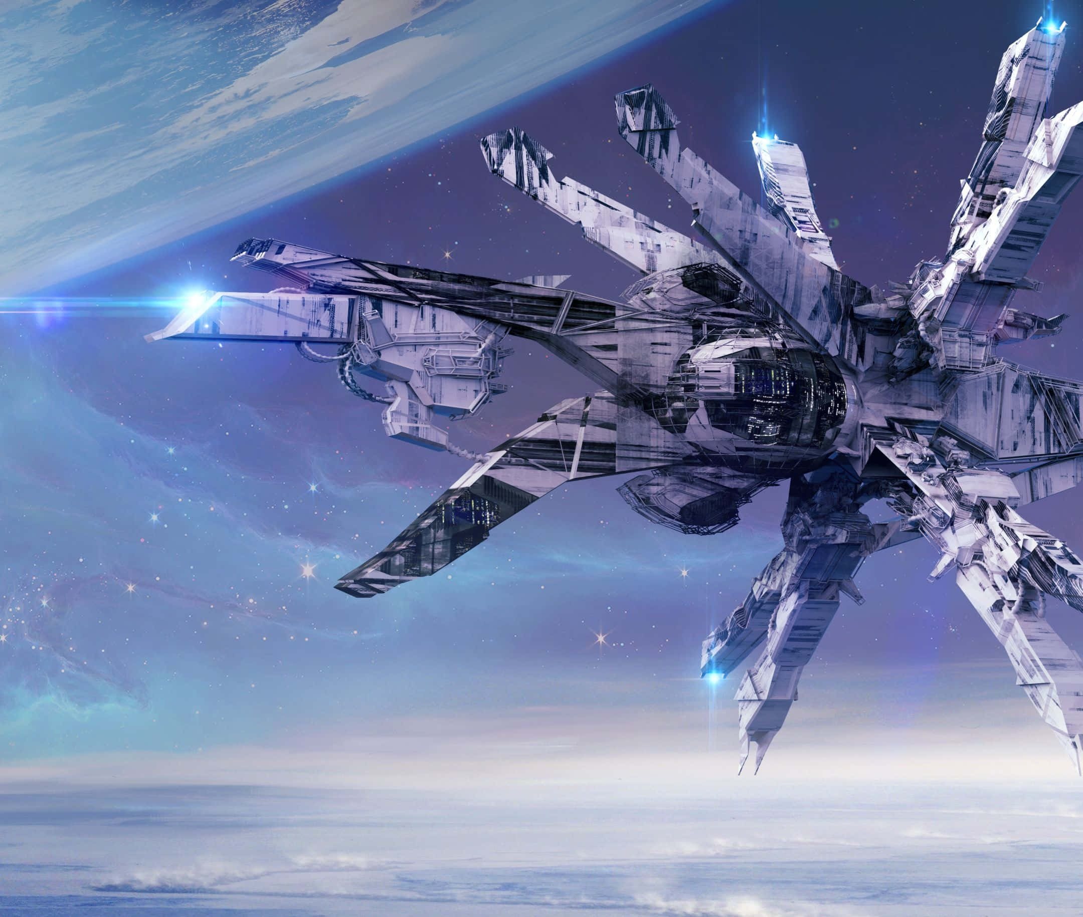 Spacecraft 桌布 壁紙 — 一艘配備發光藍色引擎的未來星際飛船，在繁星點點的宇宙背景下，翱翔於行星大氣層之上。