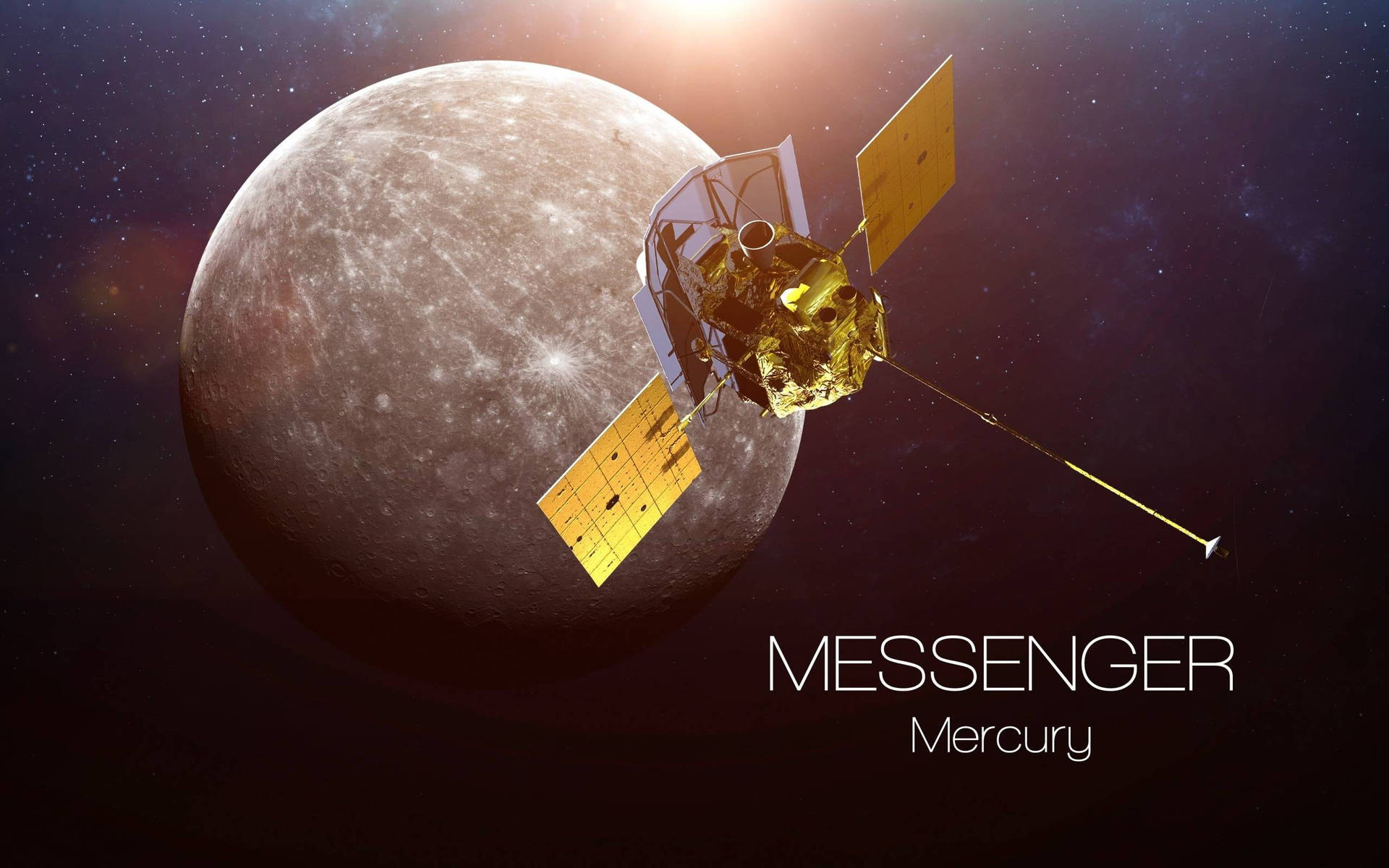 MESSENGER太空船在太空中環繞水星運行，背後有明亮的太陽。 — 太陽系 GIF 壁紙