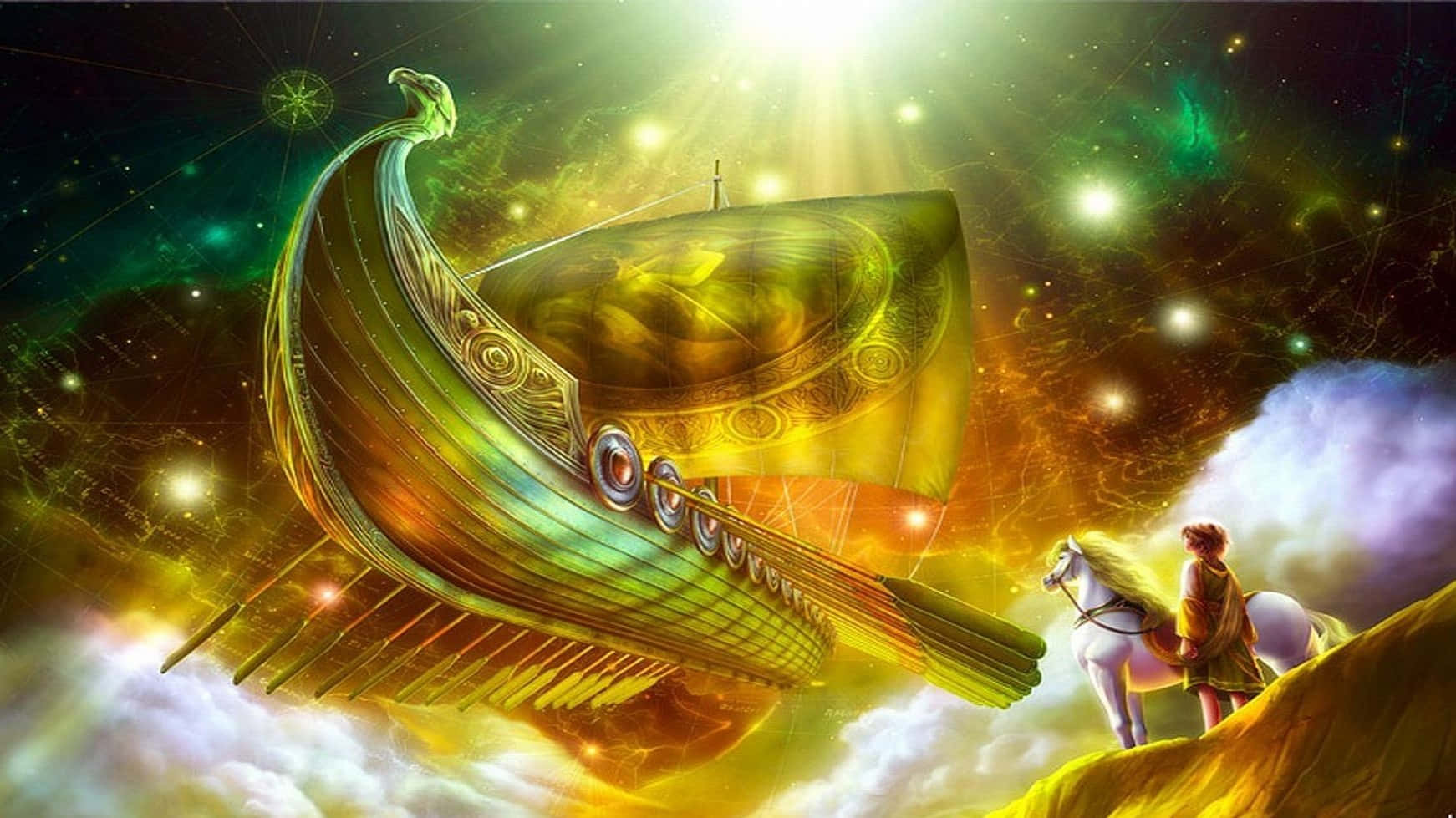 Celestial 桌布 壁紙 — 一艘金色華麗的船隻在充滿活力的宇宙星雲中航行，一位騎著白馬的騎士從懸崖邊觀望。