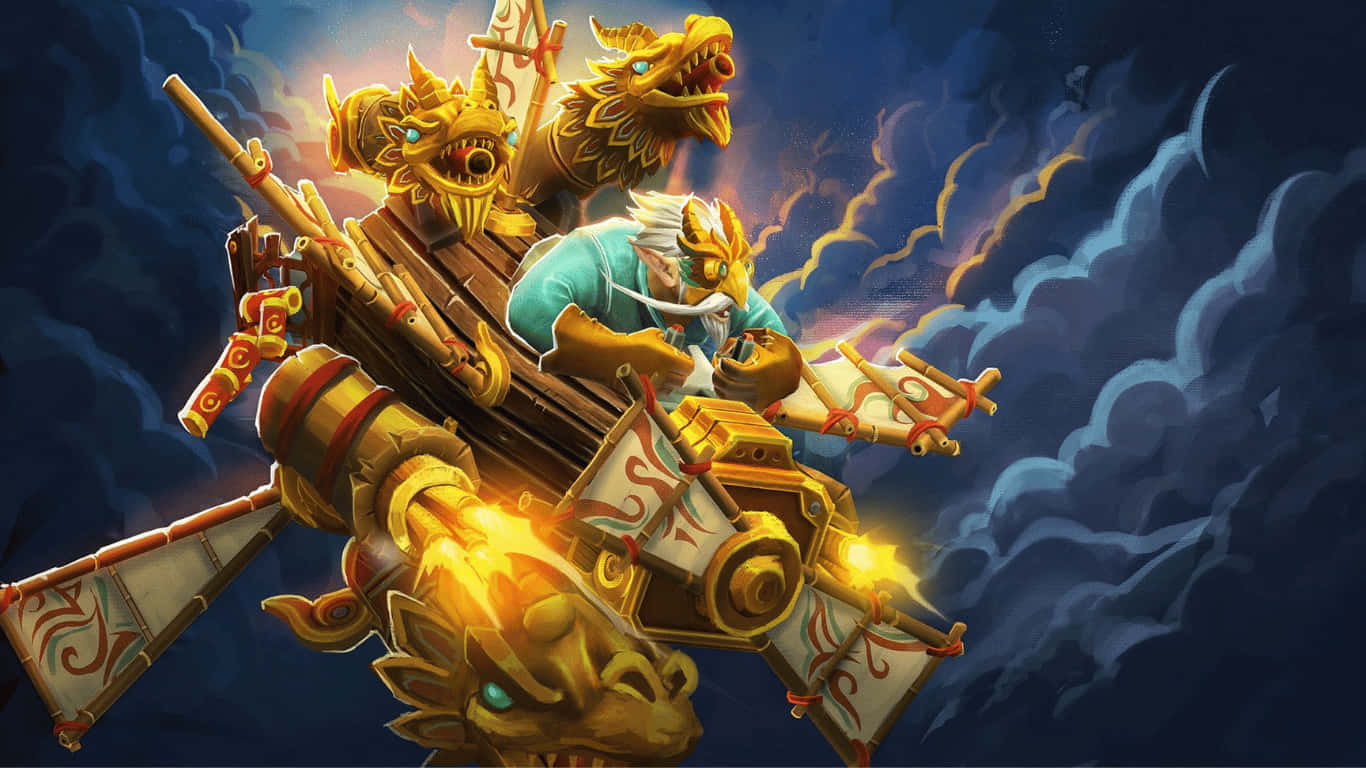 1366x768 Dota 2 桌布 壁紙 — 一艘金色龍頭戰艦在風暴雲中航行，一名戰士掌舵，揮舞著發光的武器。