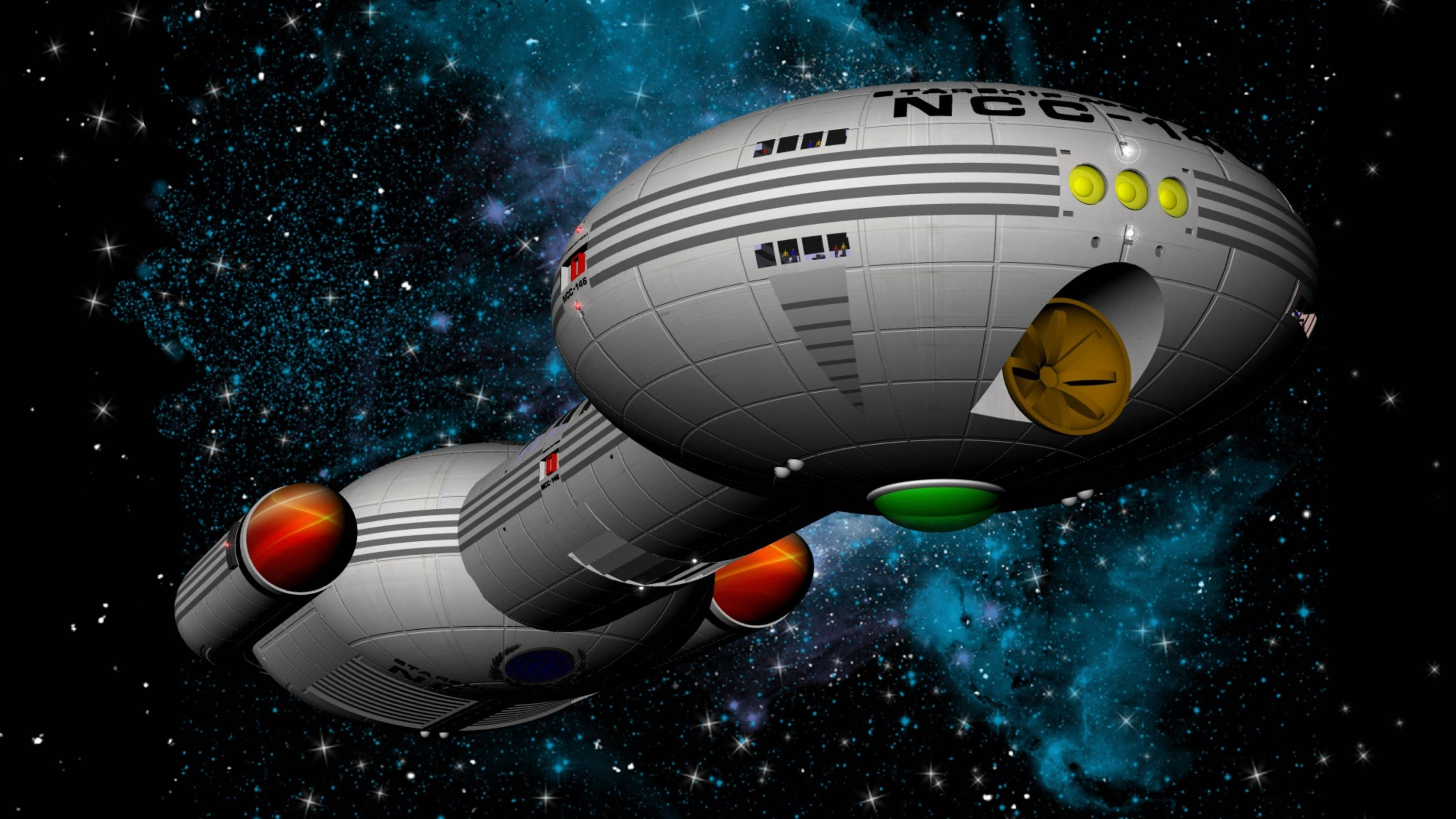 Starship 桌布 壁紙 — 一艘銀色星艦帶著發光的引擎，滑過一個點綴著閃爍星星的鮮豔藍色星雲。