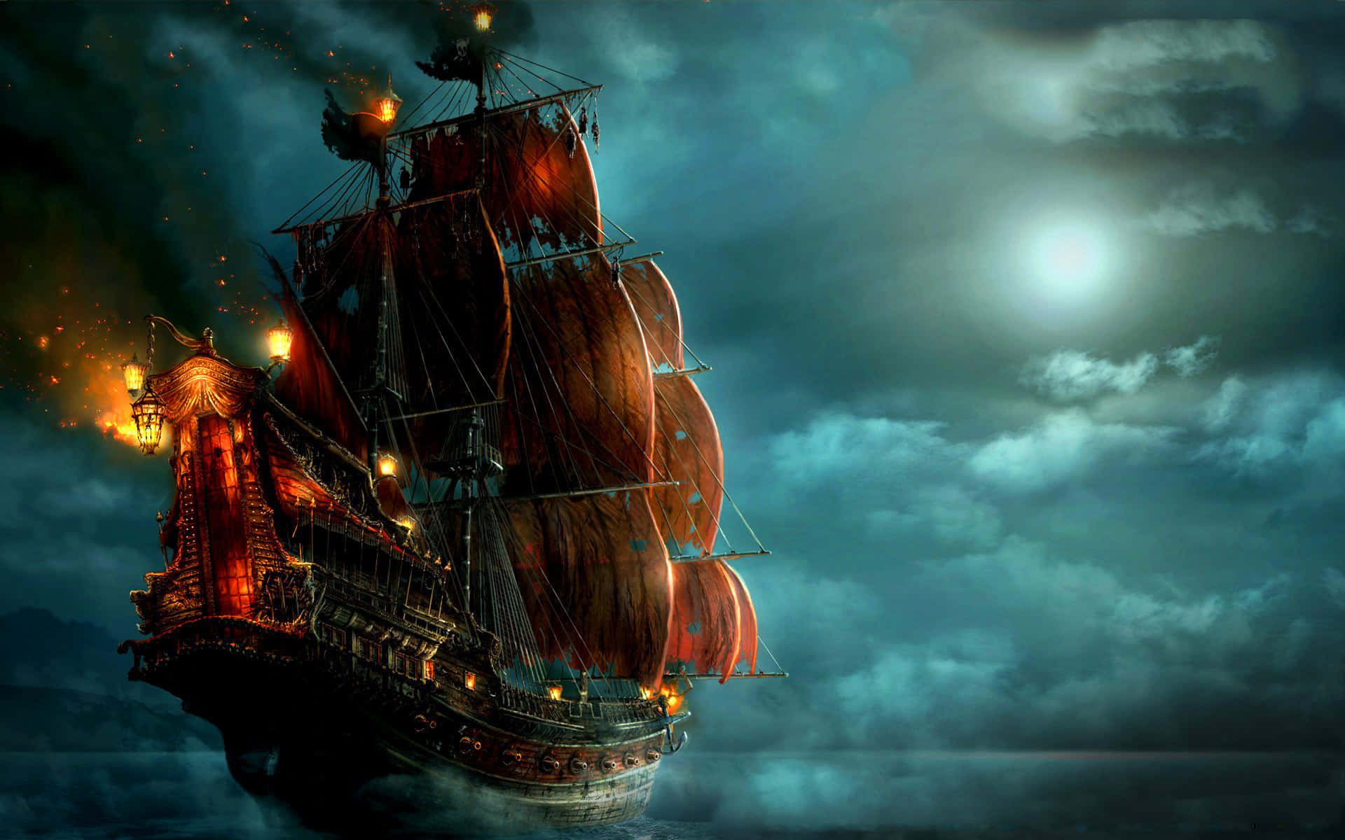 Pirates Of The Caribbean 桌布 壁紙 — 一艘雄偉的加利恩帆船在月光下航行，發光的燈籠照亮了它深色的木質船體和破爛的帆。