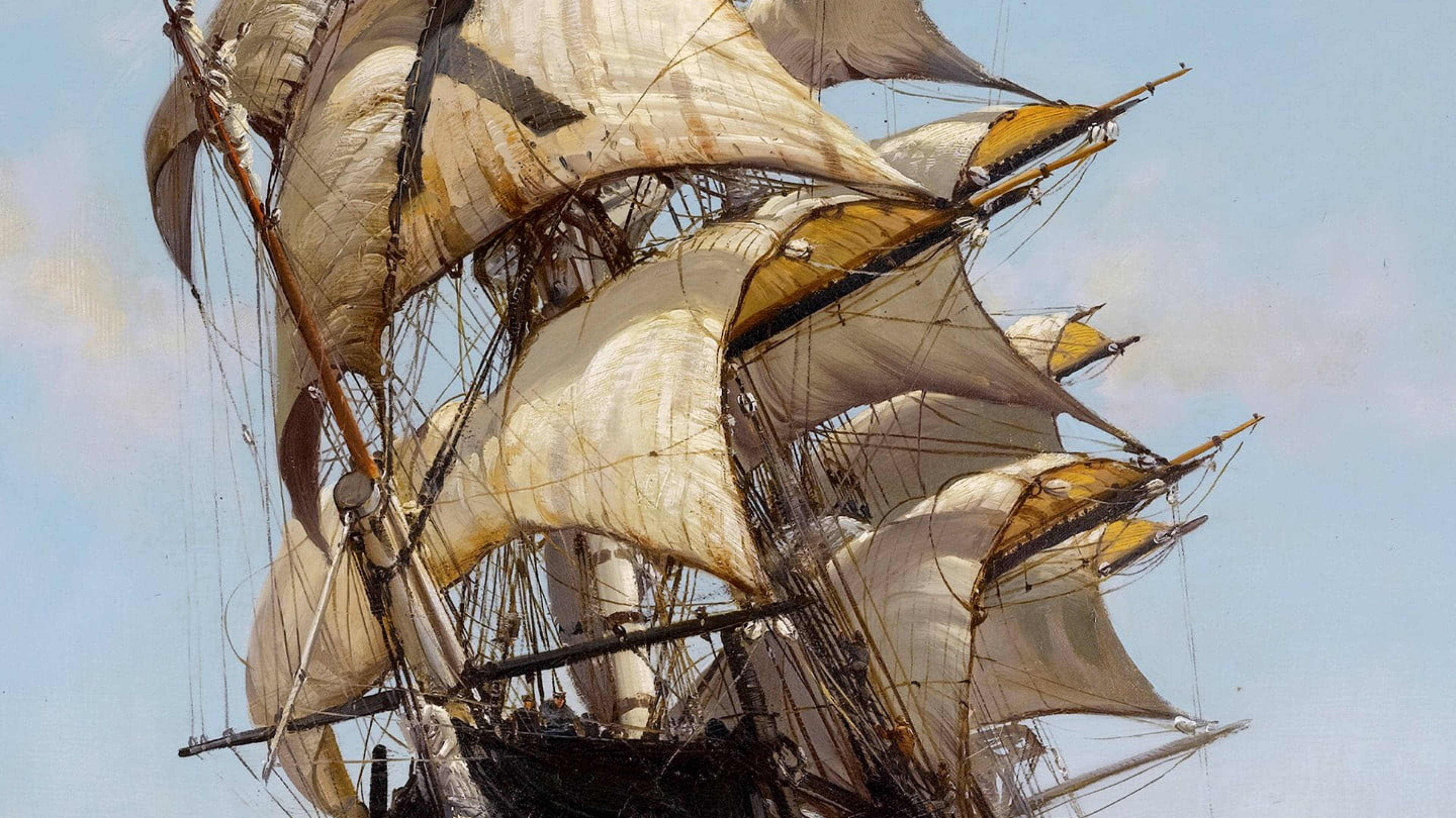 Sailing Ship 桌布 壁紙 — 一艘雄偉的多桅帆船，鼓著白色和黃色的帆，劃過清澈的藍天。