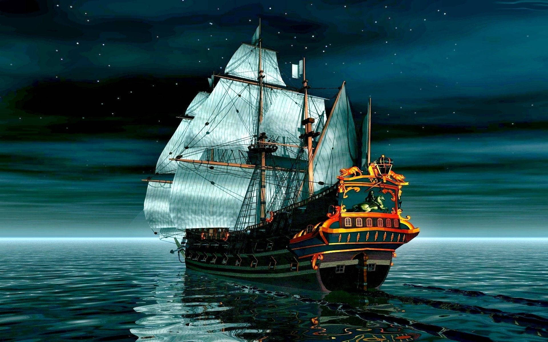 海盜 桌布 壁紙 — 一艘雄偉的帆船在繁星點點的夜空下航行，發光的船帆映照在平靜的海面上。