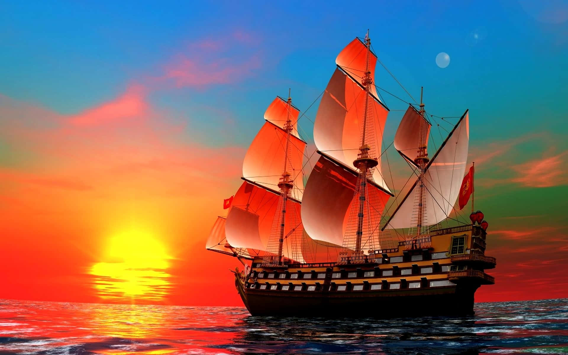 船 桌布 壁紙 — 一艘雄偉的海盜船在平靜的水面上航行，夕陽以火熱的橙色和粉紅色調染遍生動的天空。