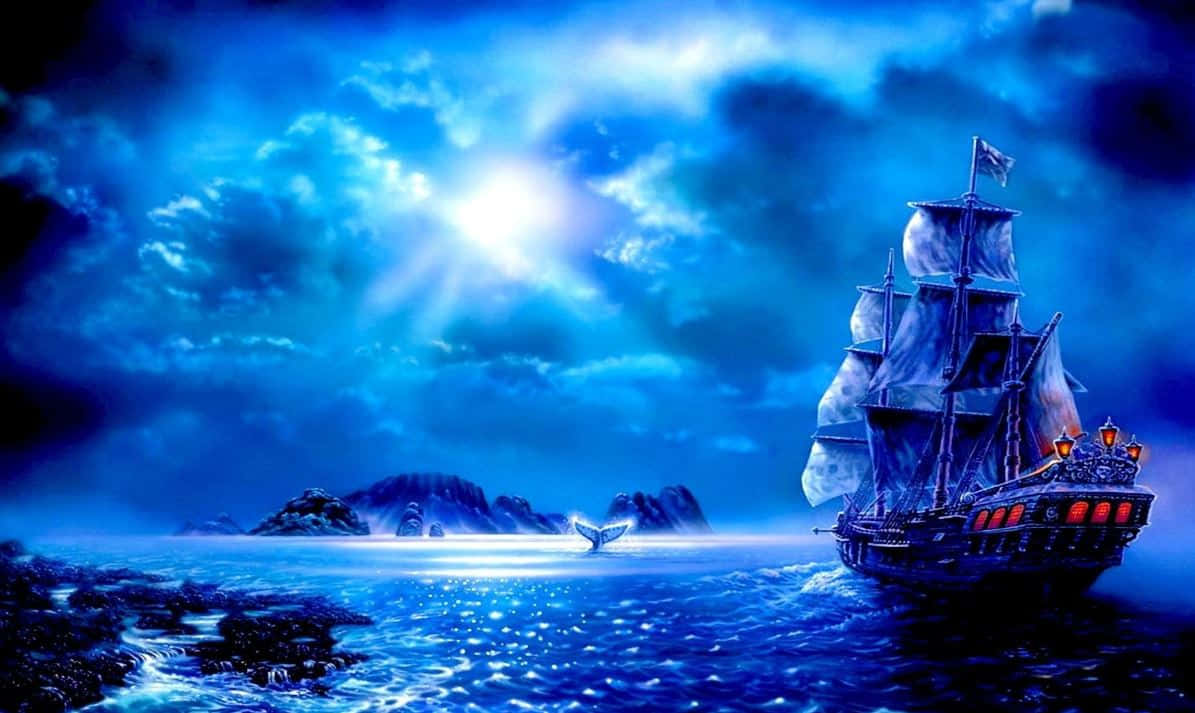海盜船 桌布 壁紙 — 一艘雄偉的海盜船在燦爛的月光下航行，穿過深藍色的海洋波浪，遠處有岩石島嶼。