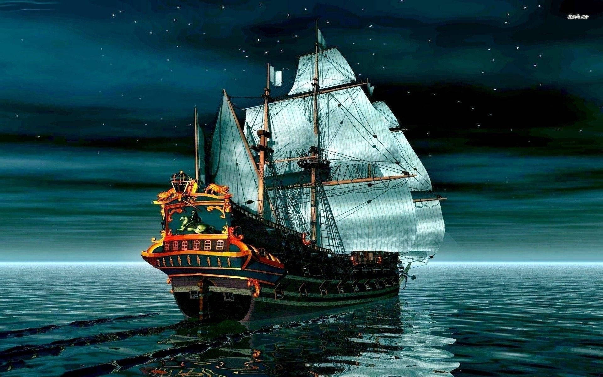 海盜船 桌布 壁紙 — 一艘雄偉的海盜船在繁星點點的夜空下航行，發光的船帆倒映在平靜的藍綠色海面上。
