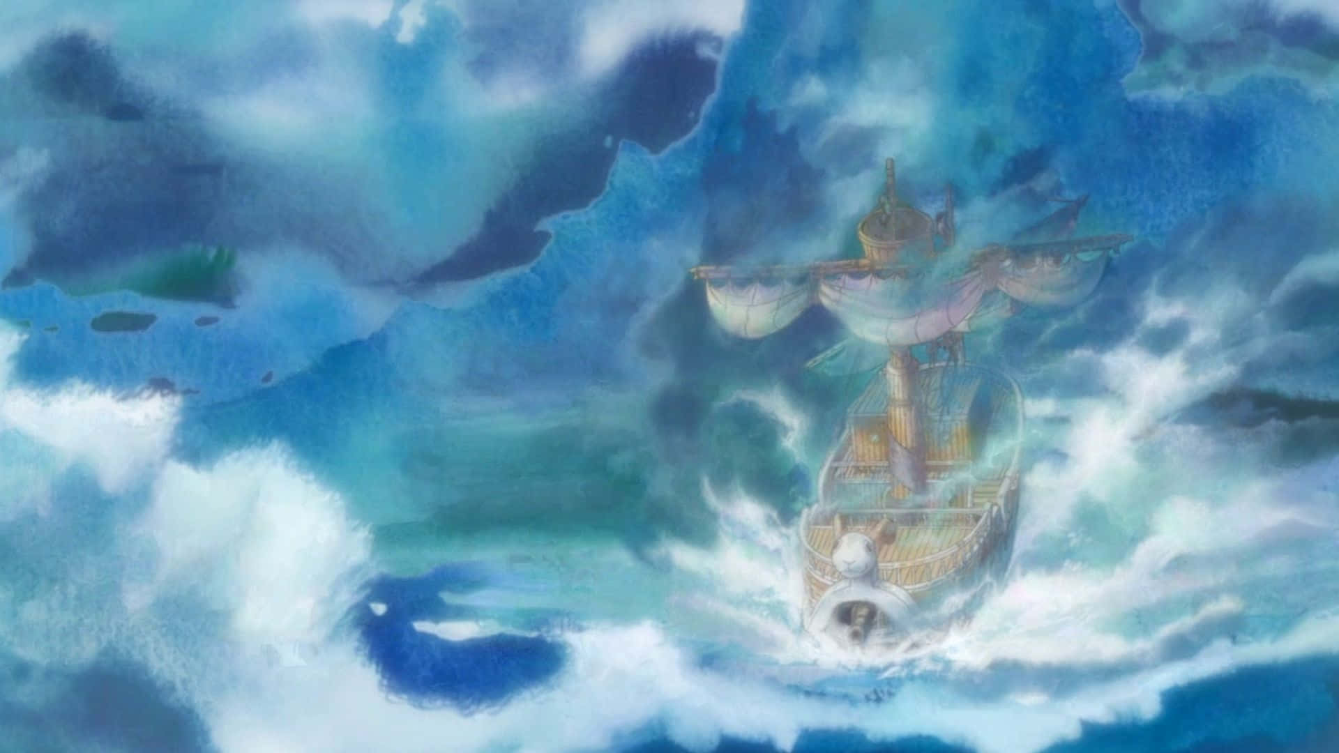 Going Merry 桌布 壁紙 — 一艘雄偉的船隻在風暴天空下，穿越翻騰的藍色水域，天空中有旋轉的雲層。