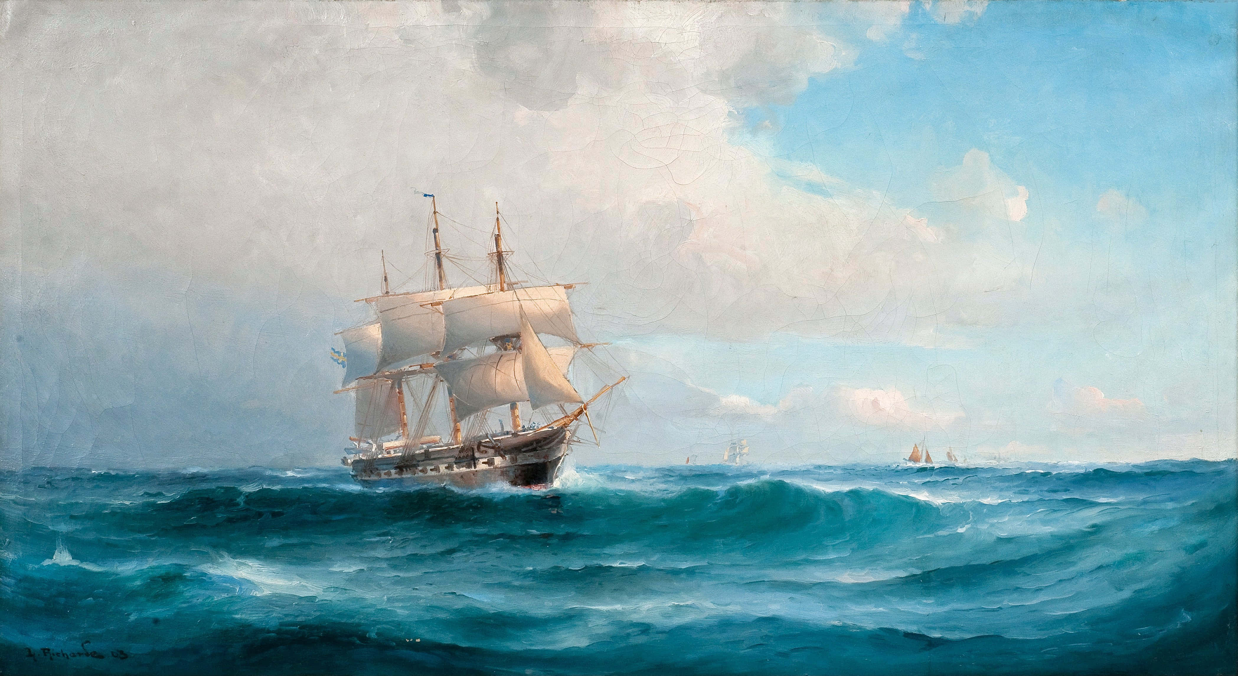 Oil Painting 桌布 壁紙 — 一艘雄偉的高桅帆船在波濤洶湧的藍色海洋中航行，天空多雲，地平線上有遠處的船隻。