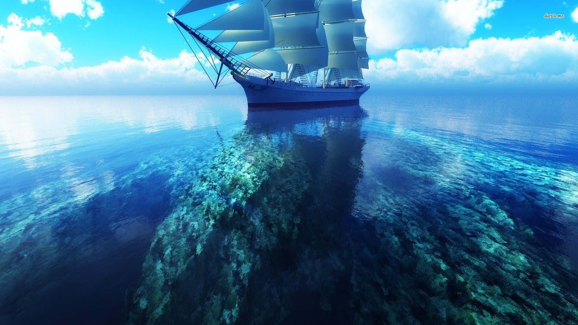 Sailboat 桌布 壁紙 — 一艘雄偉的高桅帆船航行在清澈見底的碧綠海水上，在明亮的藍天下顯露出下方充滿活力的珊瑚礁。