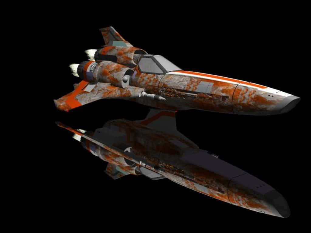 battlestar galactica 桌布 壁紙 — 一艘風化的橙色和灰色太空船，帶有類似鐵鏽的紋理，懸浮在黑色虛空中，下方有倒影。