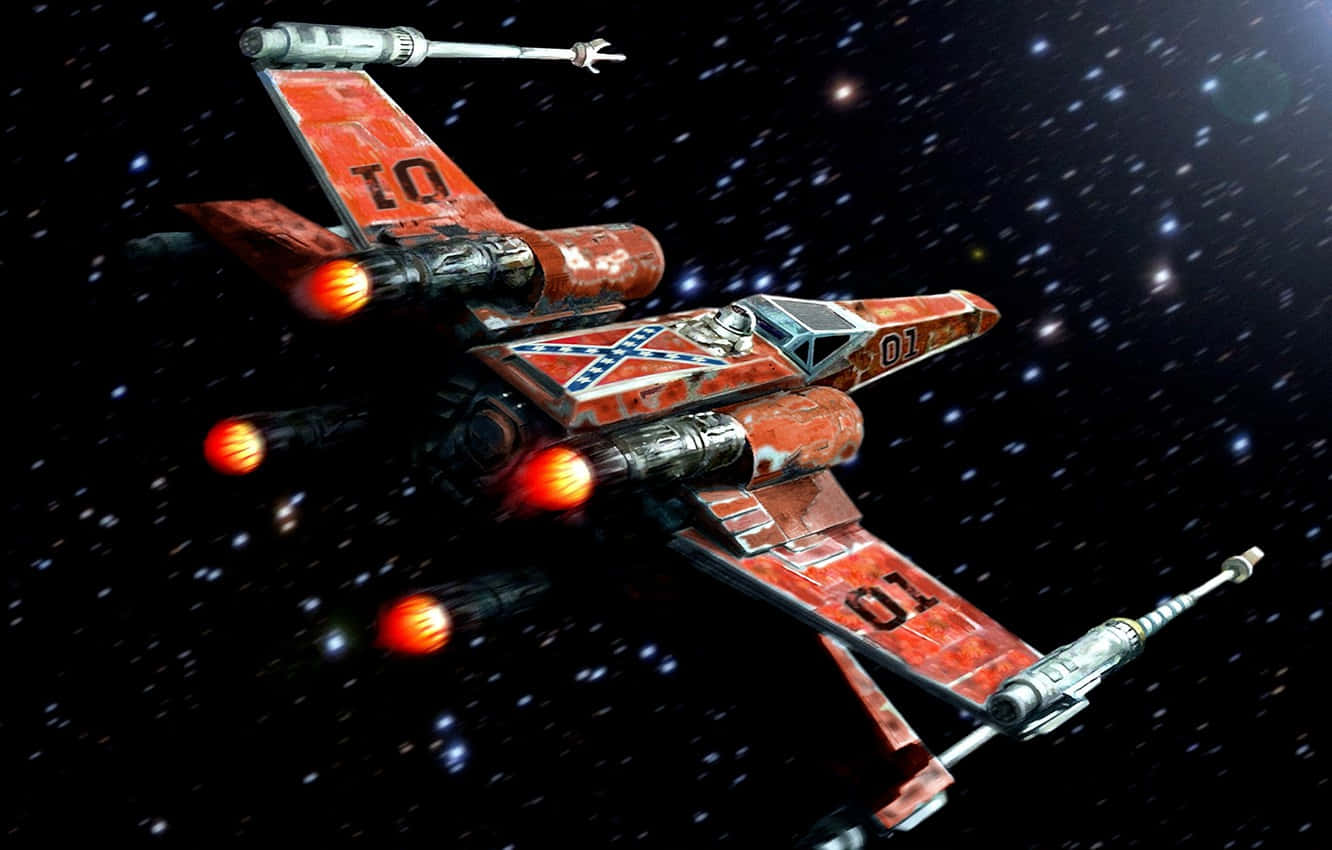 Star Wars X Wing 桌布 壁紙 — 一艘風化的紅色星際戰機，引擎發光，在黑色宇宙背景的星空中疾馳。