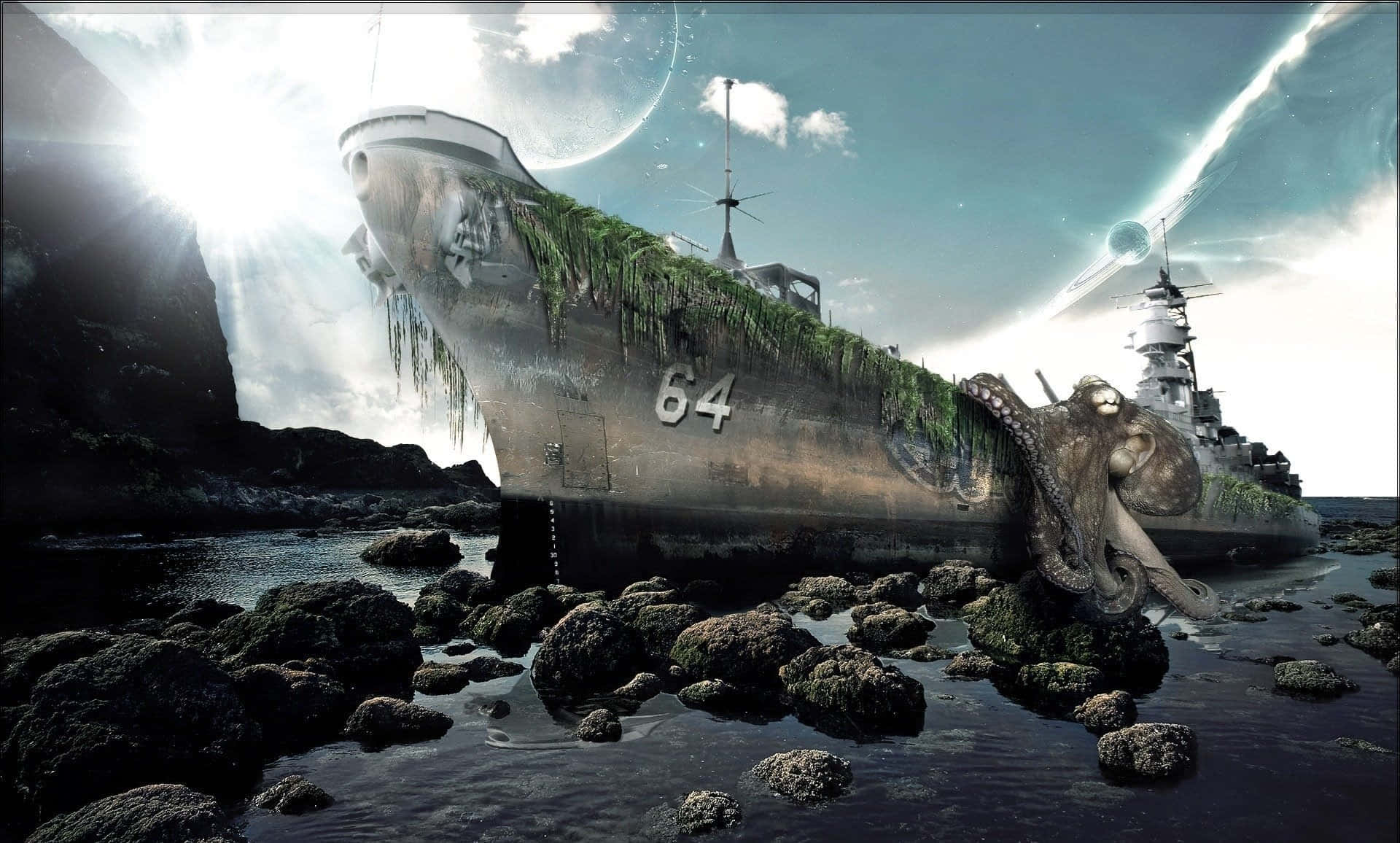 Navy 桌布 壁紙 — 一艘風化的軍艦64號擱淺在長滿綠色苔蘚和藤蔓的岩石海岸上，一隻巨型章魚在超現實的外星天空下從水中浮現。
